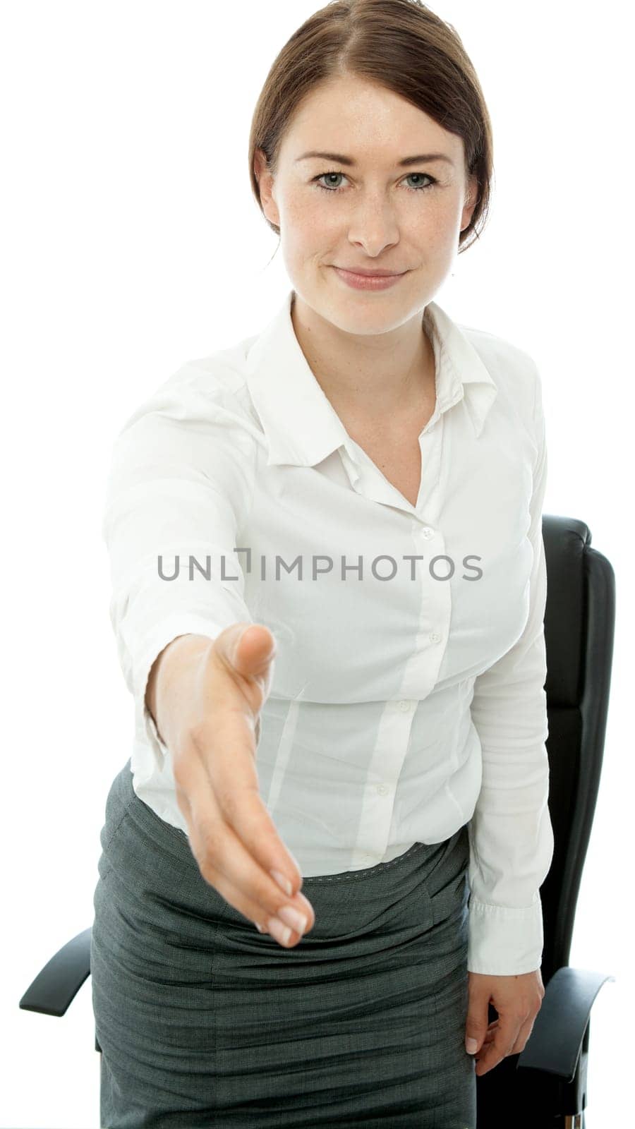 young brunette business woman say hello give hand