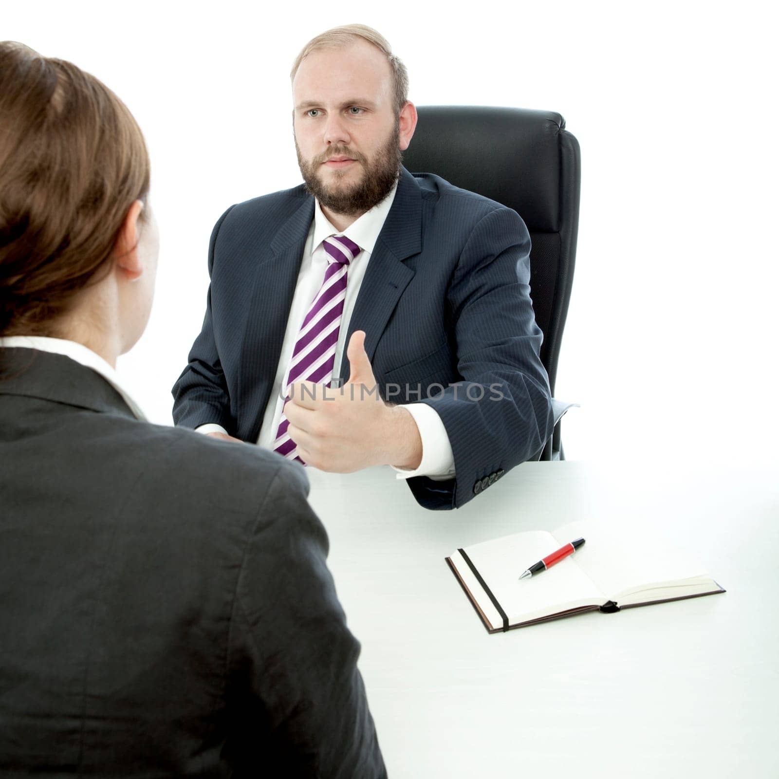 beard business man brunette woman at desk good work