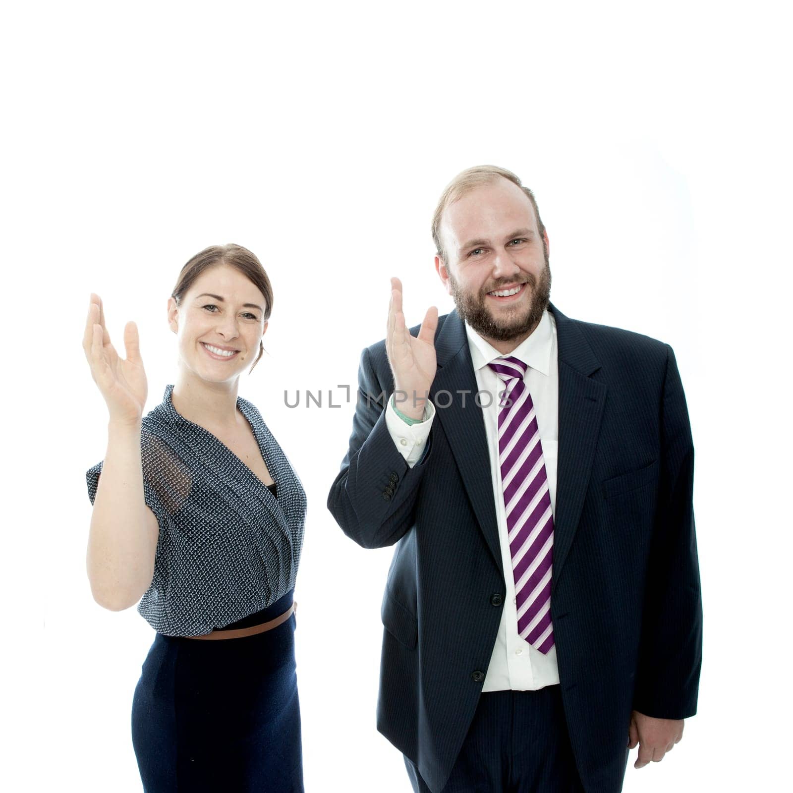 young brunette woman and beard business man waveing