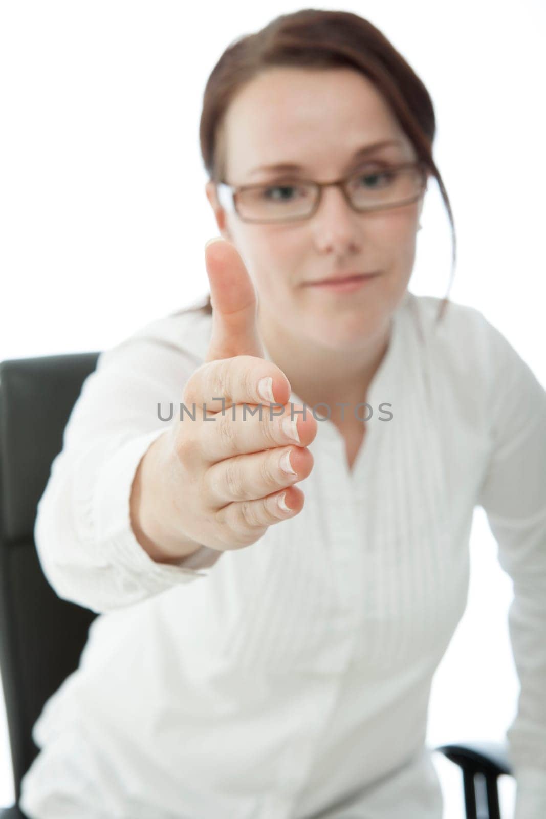 young brunette businesswoman with glasses give hand