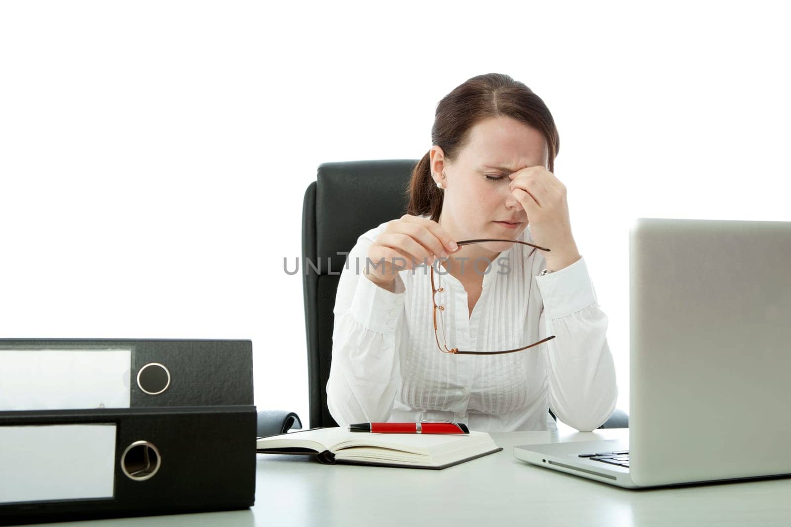 young brunette businesswoman with glasses and pain