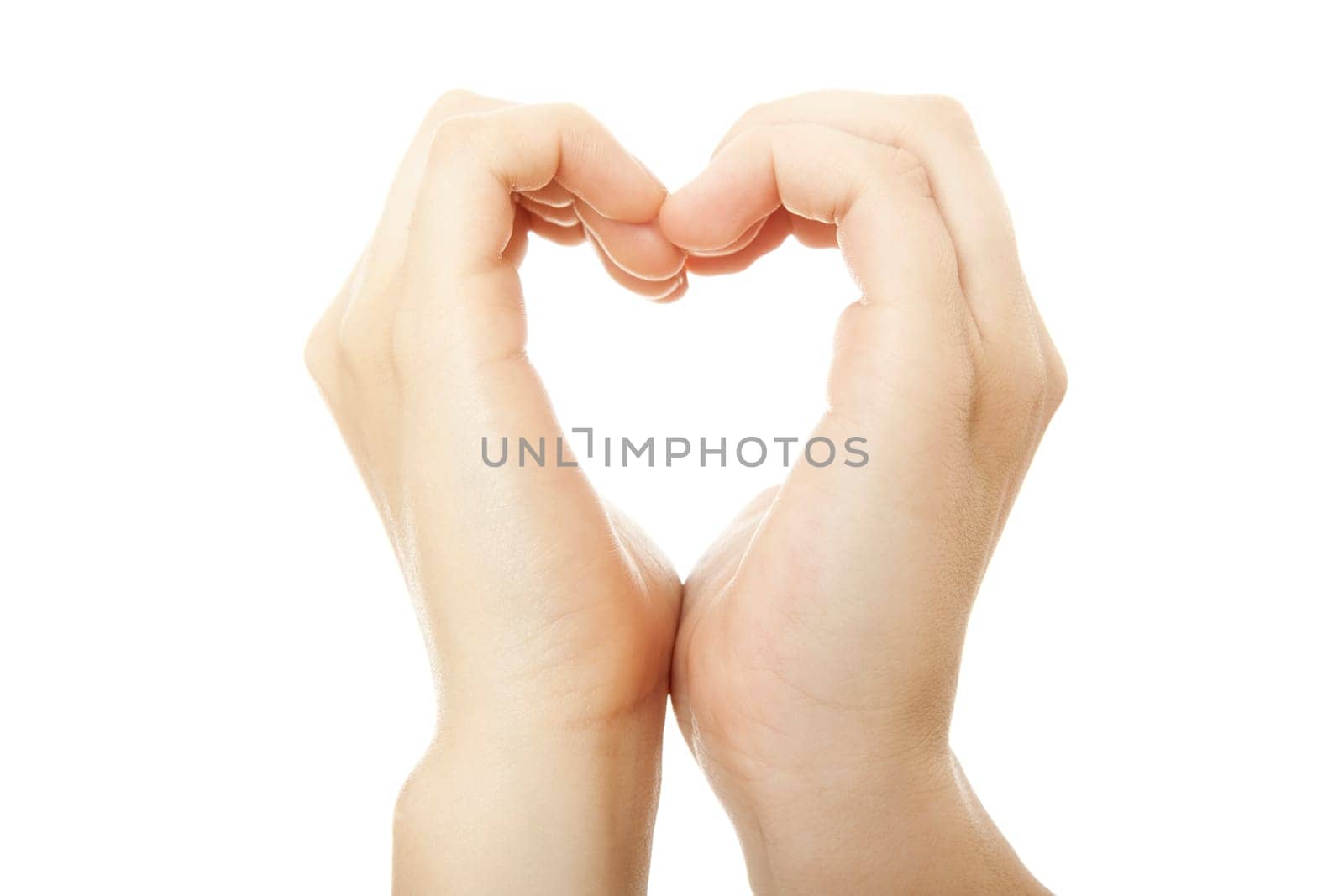two hands forming one heart in front of white background
