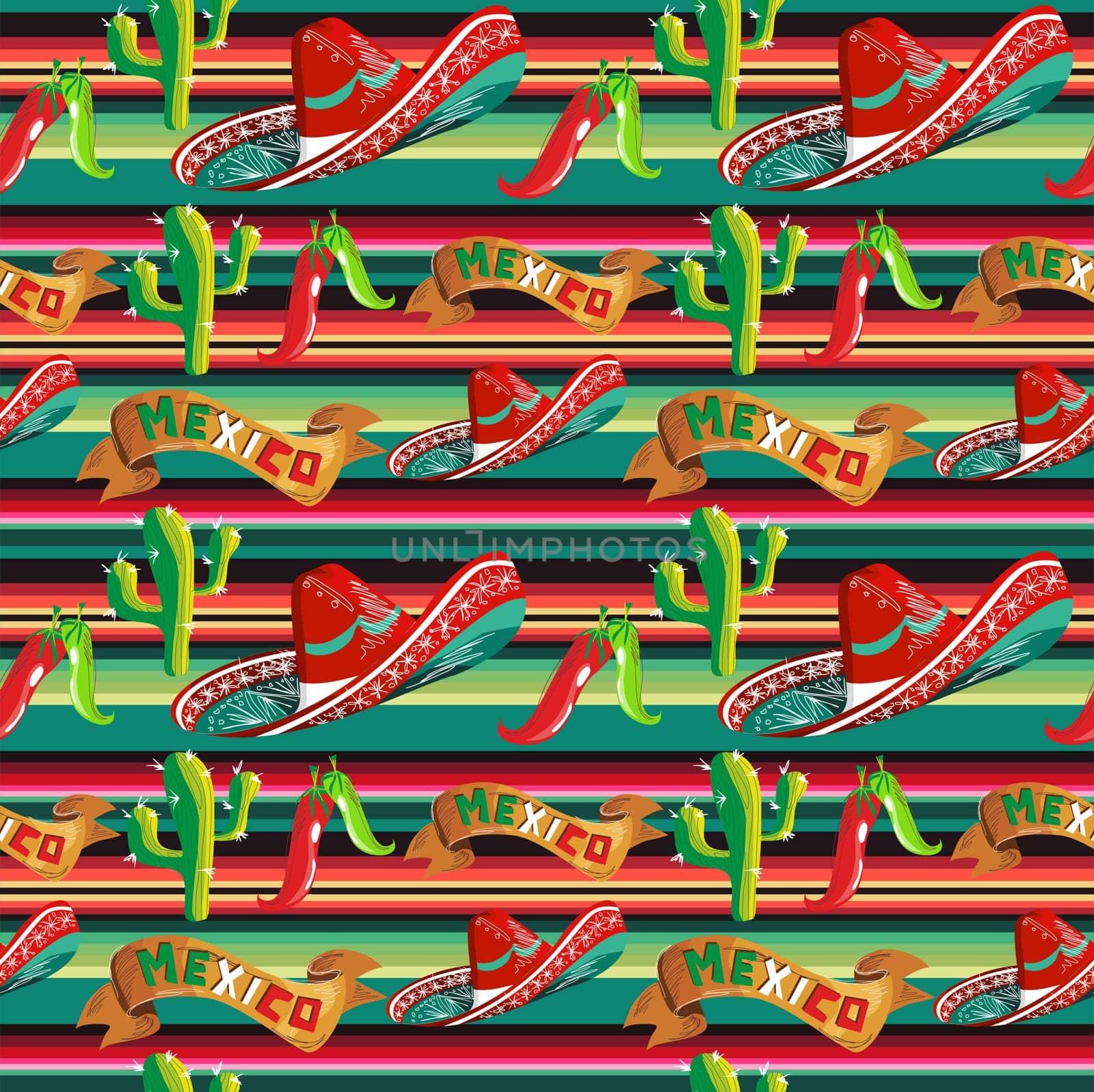 Mexico seamless pattern with cactus, hat and chill over stripped background. Vector illustration layered for easy manipulation and custom coloring.
