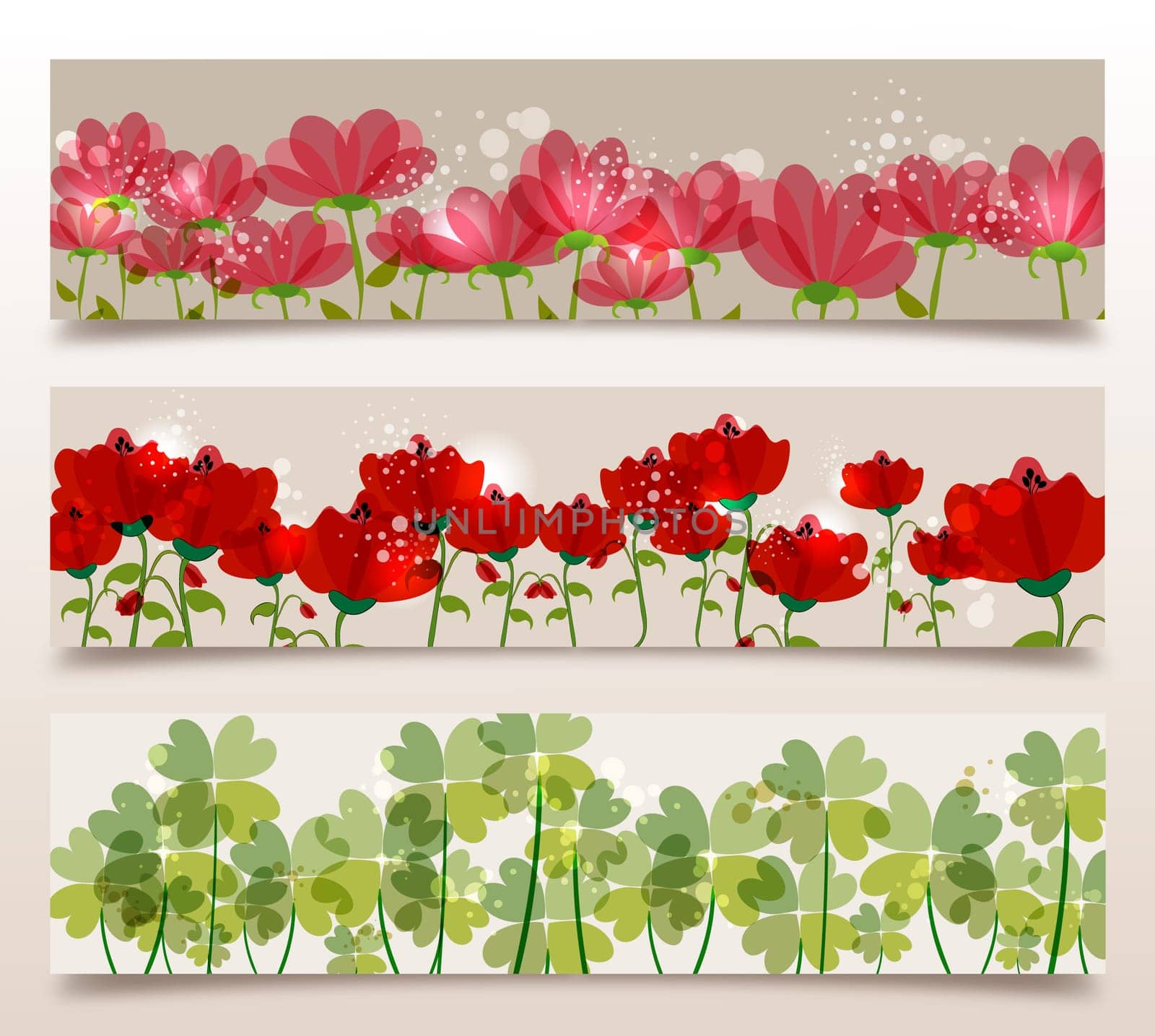 Spring time contemporary transparent flowers banner set. EPS10 file version. This illustration contains transparencies and is layered for easy manipulation and customization.