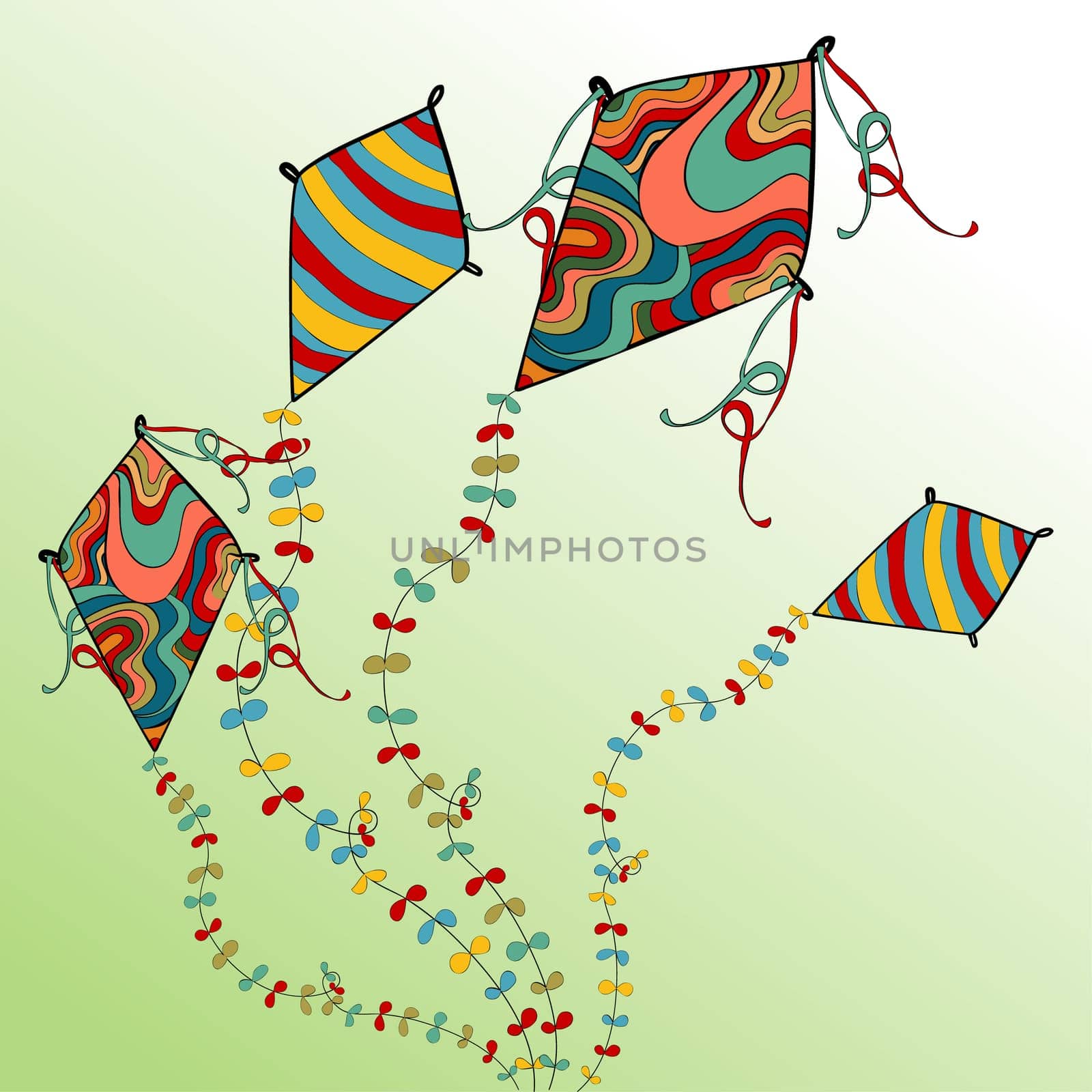 Vibrant colors spring flying kites. Vector file layered for easy manipulation and custom coloring.