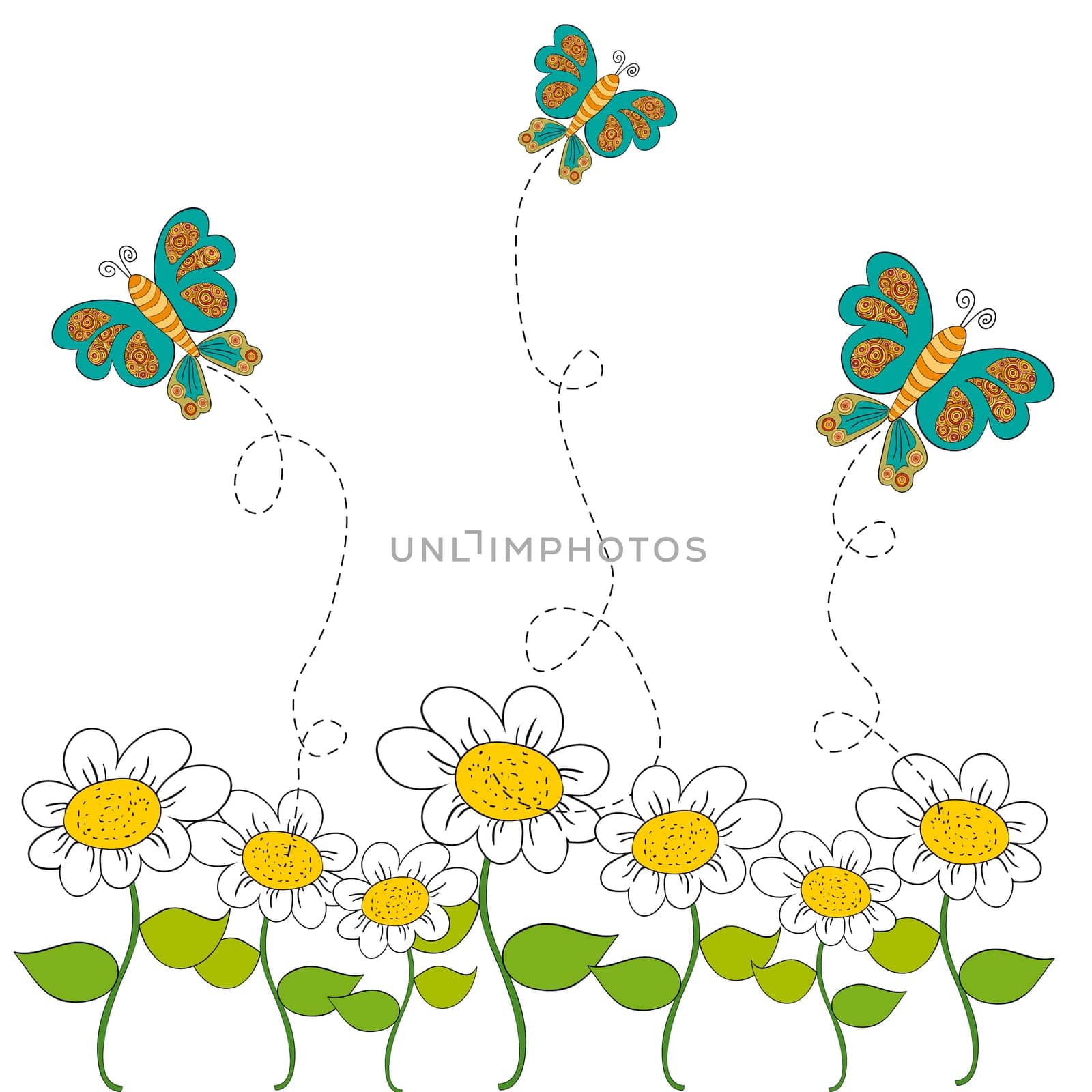 Flying butterfly and flowers spring background. Vector file layered for easy manipulation and custom coloring.