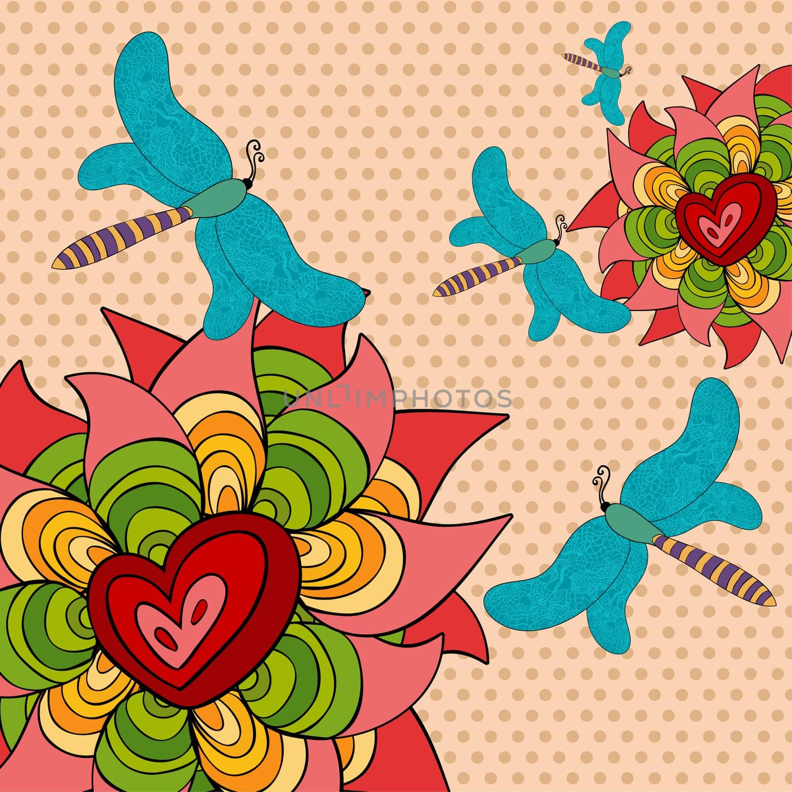 Vibrant spring butterfly and flowers background. Vector file layered for easy manipulation and custom coloring.