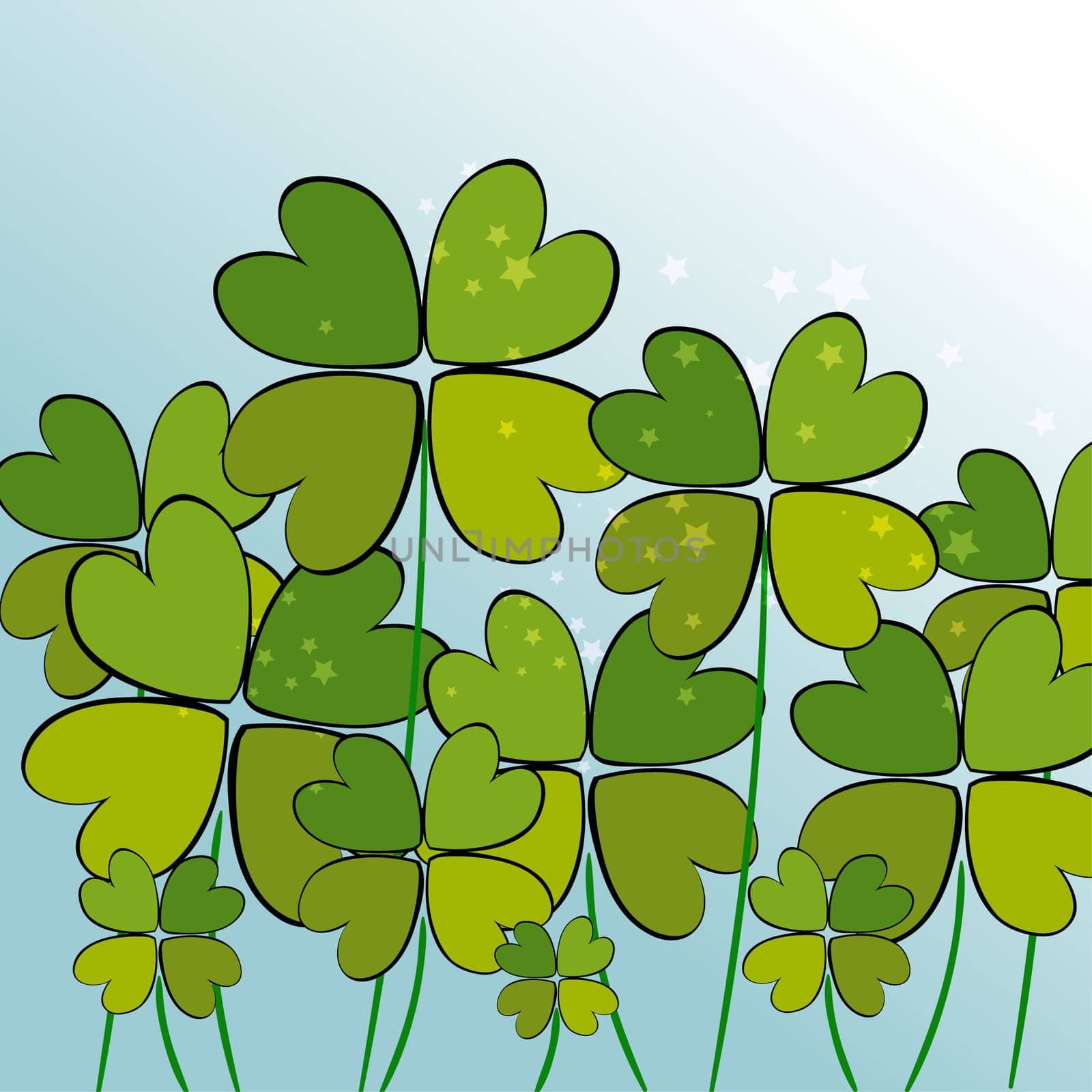 Contemporary clovers with stars background. EPS10 file version. This illustration contains transparencies and is layered for easy manipulation and customization.