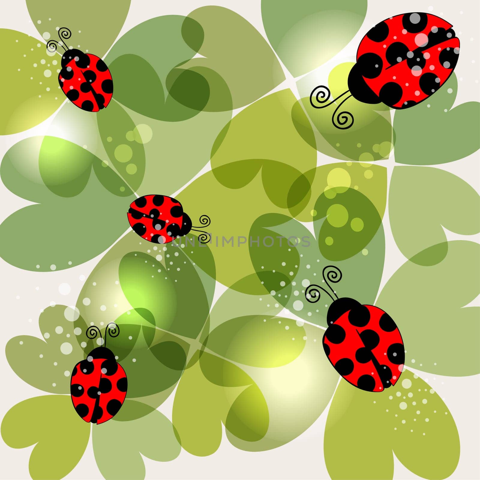 Spring time transparent clovers and beetles background. EPS10 file version. This illustration contains transparencies and is layered for easy manipulation and customization.