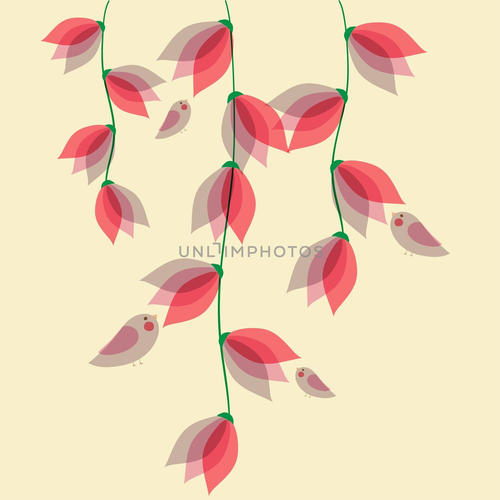 Spring time contemporary transparent flowers and birds background. EPS10 file version. This illustration contains transparencies and is layered for easy manipulation and customization.