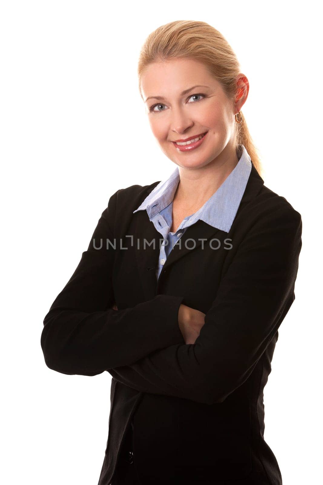 business woman in her 40s on white isolated background