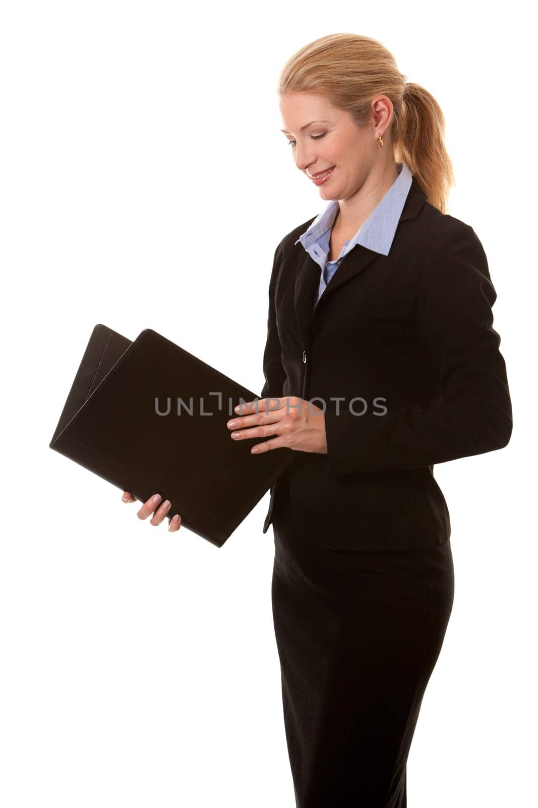 business woman in her 40s on white isolated background