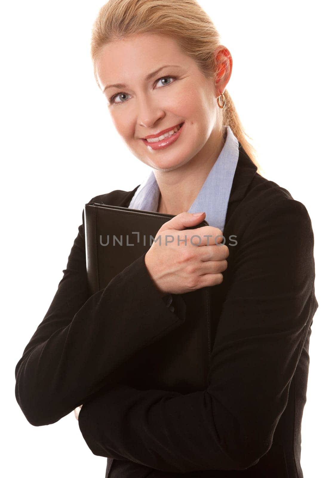 business woman in her 40s on white isolated background