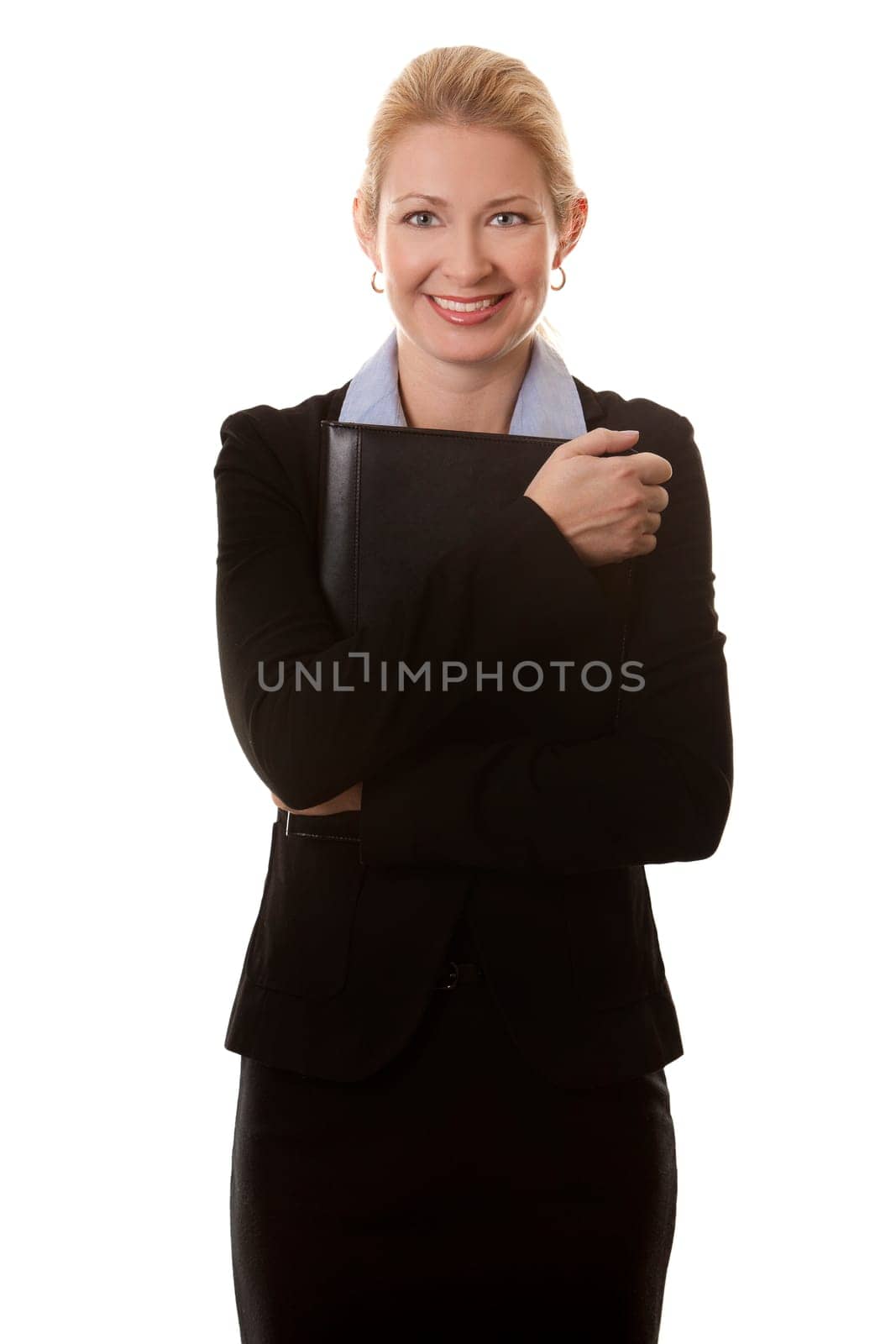 business woman in her 40s on white isolated background