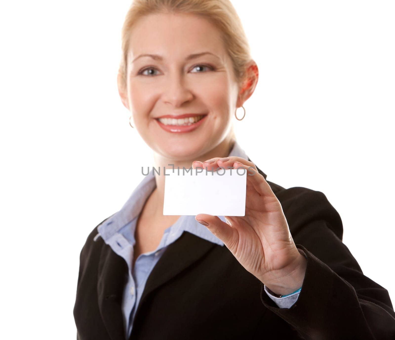 business woman in her 40s holding business card