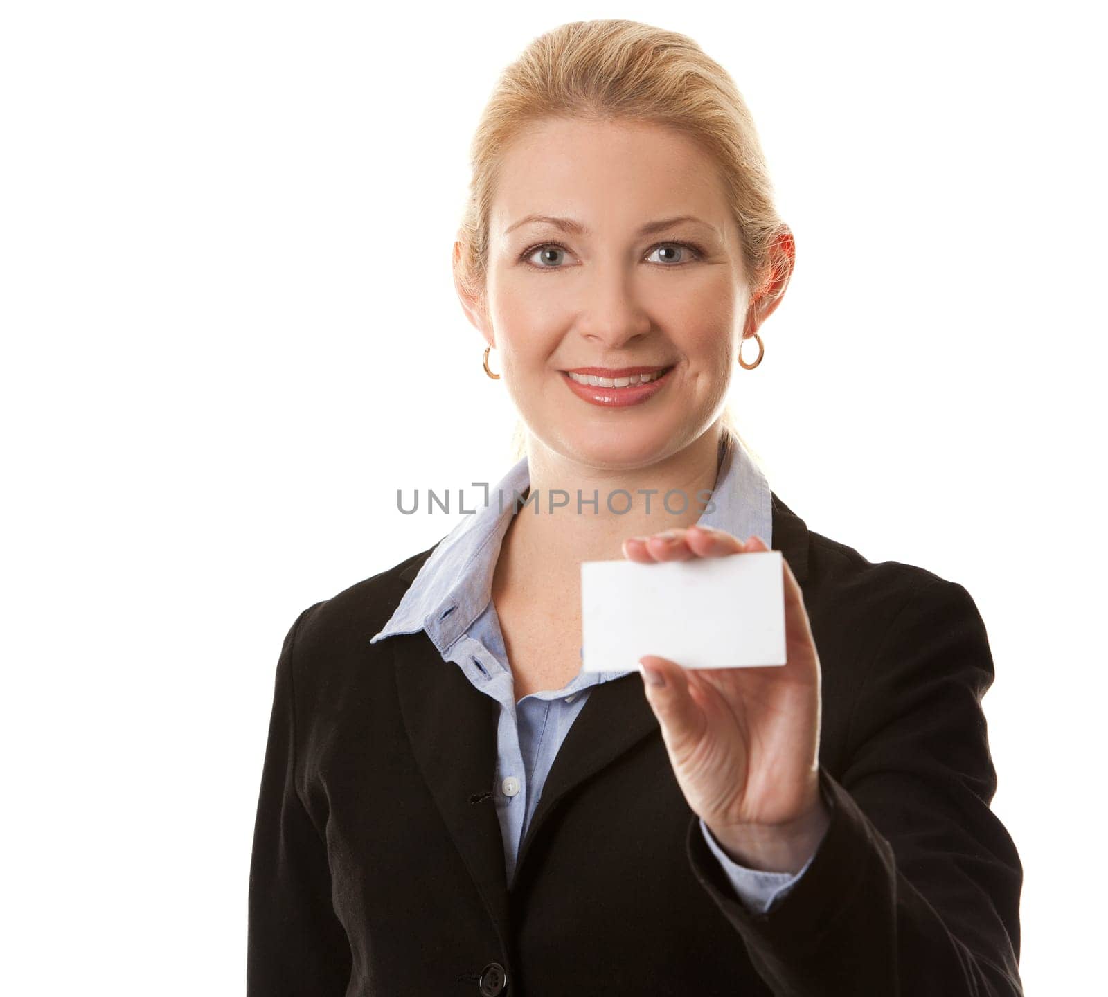 business woman in her 40s holding business card