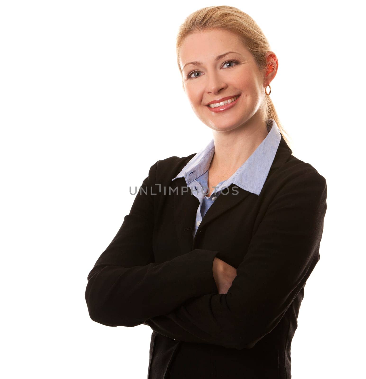 business woman in her 40s on white isolated background
