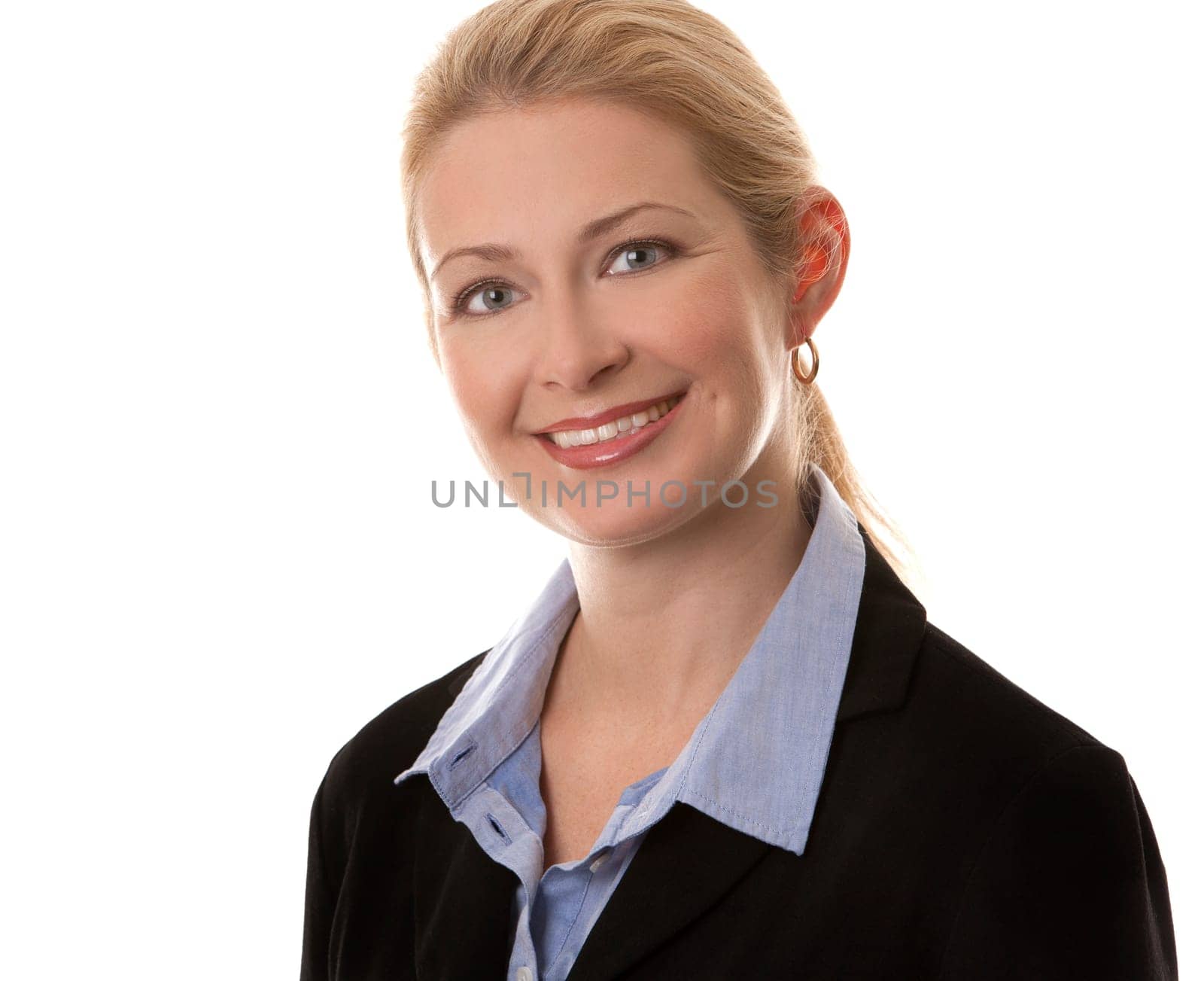 business woman in her 40s on white isolated background