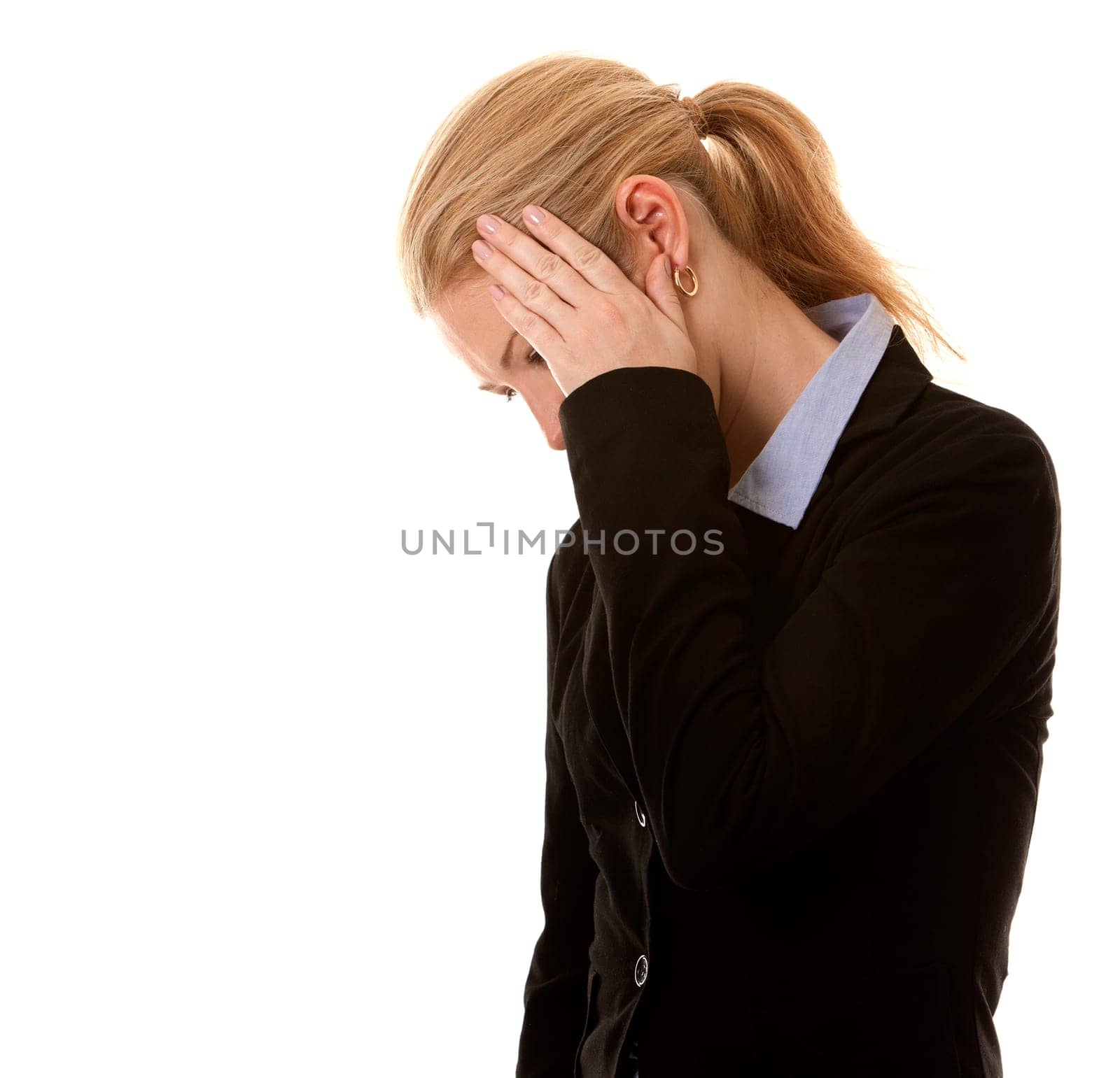 blond business woman hiding her face on white background