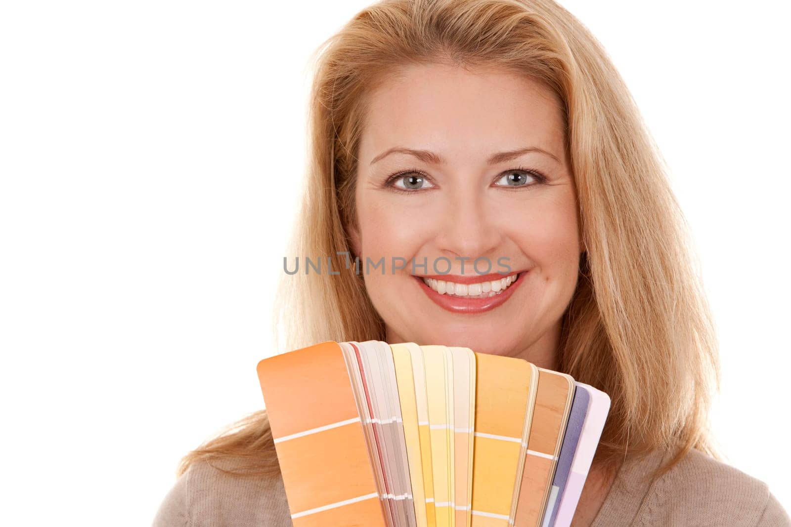 pretty blond woman holding color chart on white isolated background