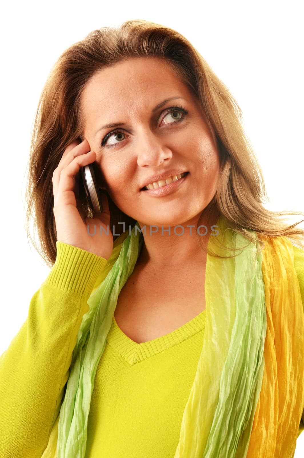 Young woman using smartphone isolated on white background