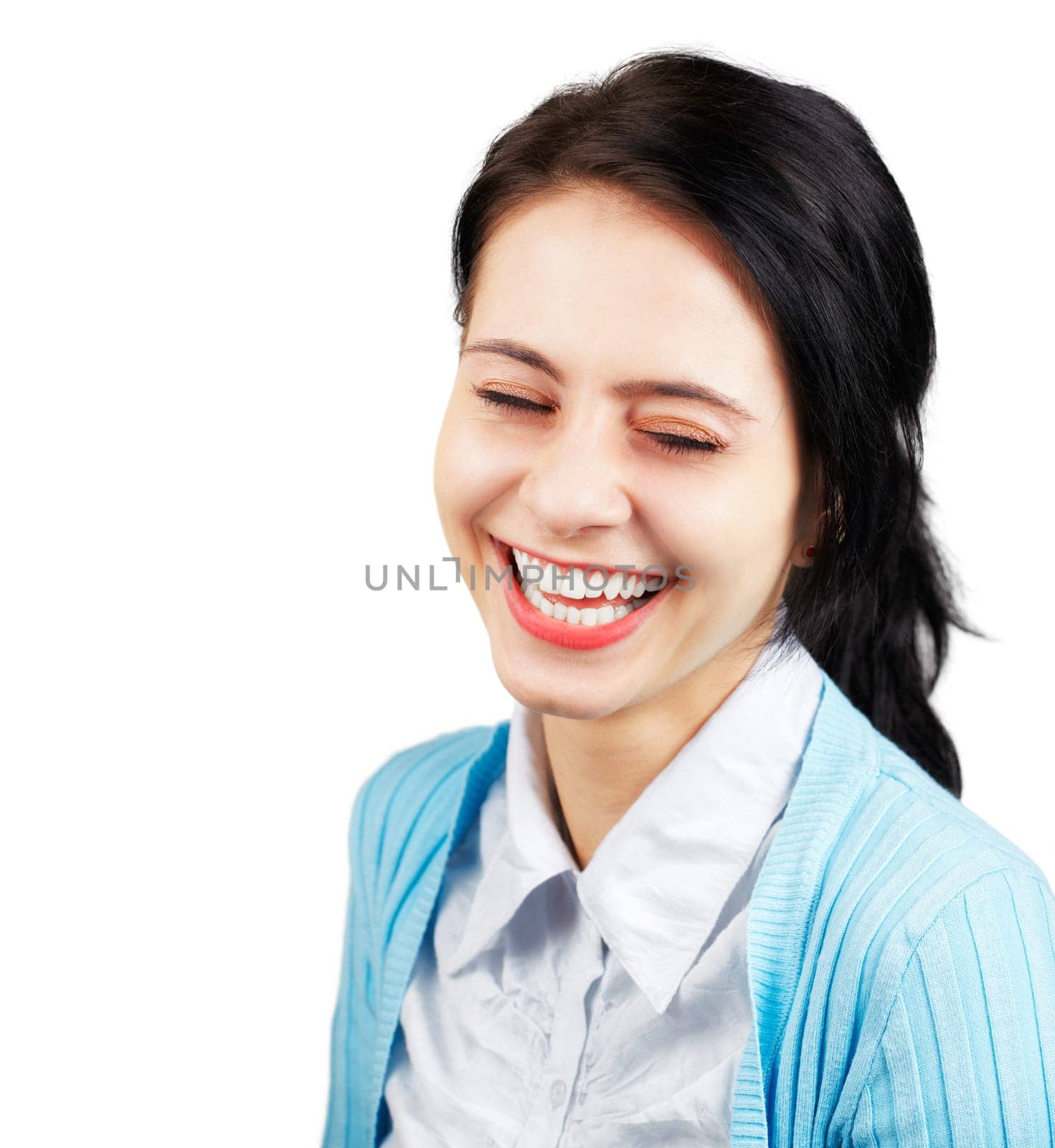 Young woman laughing outloud isolated on white background.