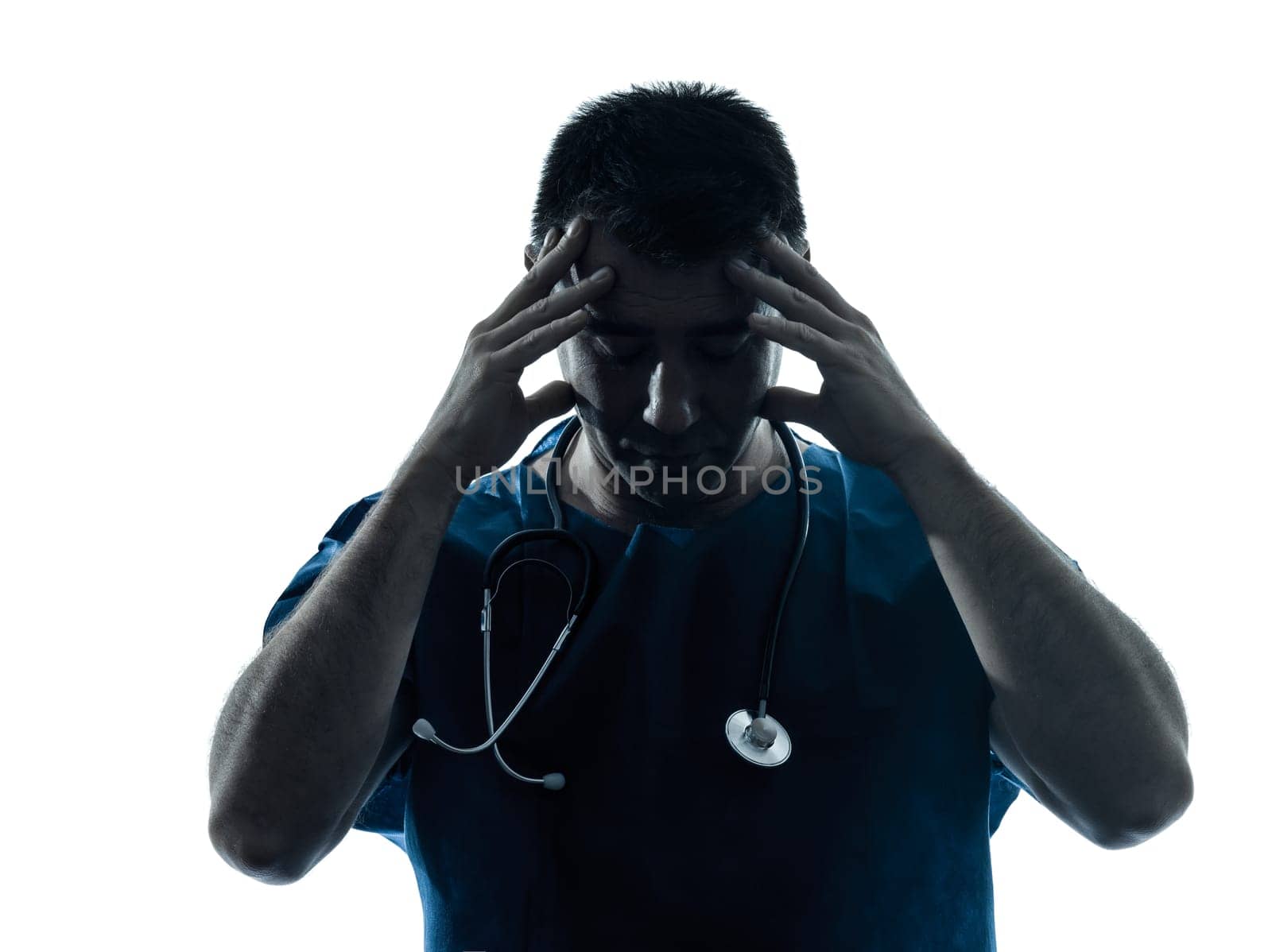 one caucasian man doctor surgeon medical worker tired headache silhouette isolated on white background