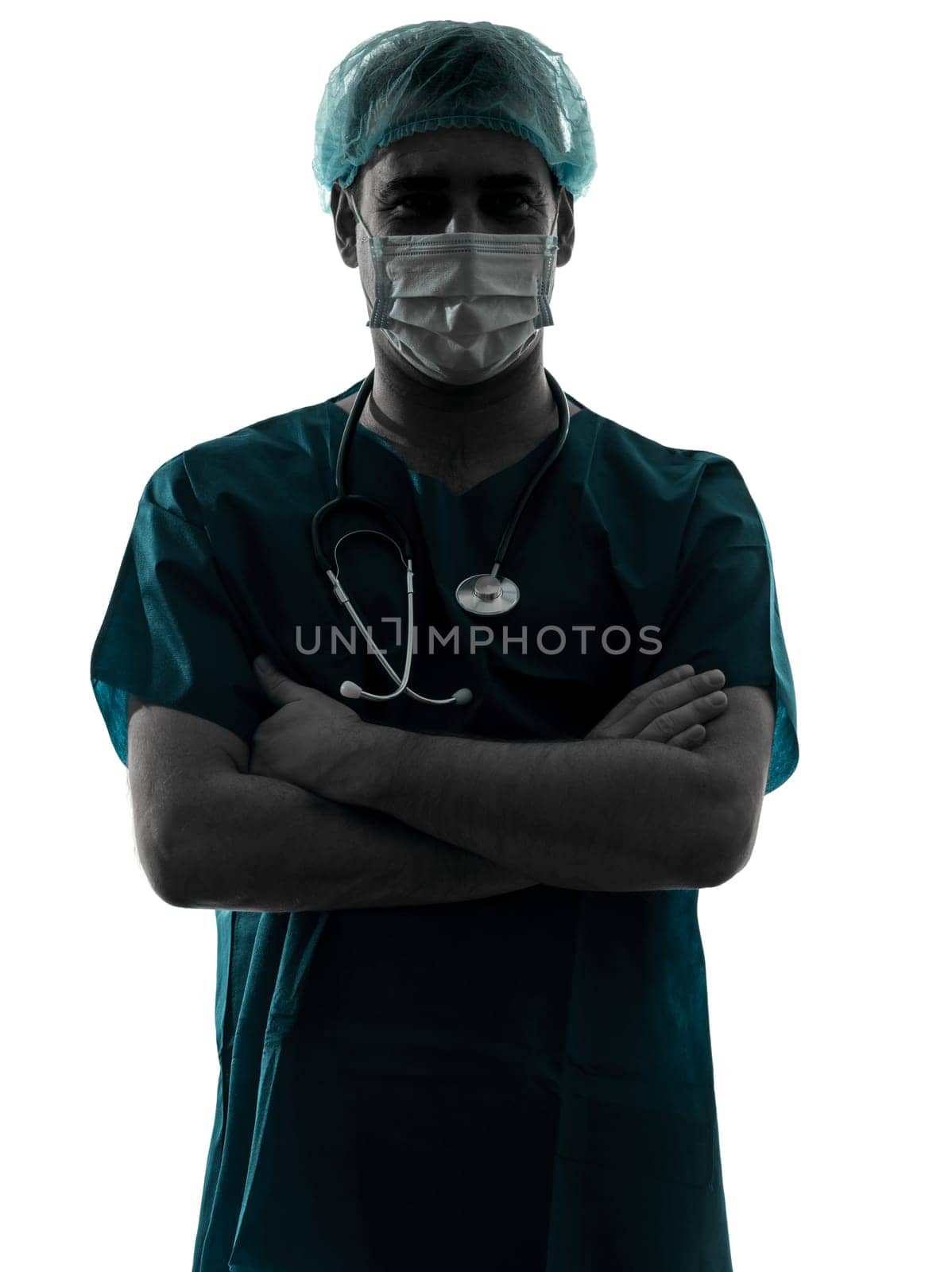 one caucasian doctor surgeon man portrait with face mask medical worker arms crossed silhouette isolated on white background
