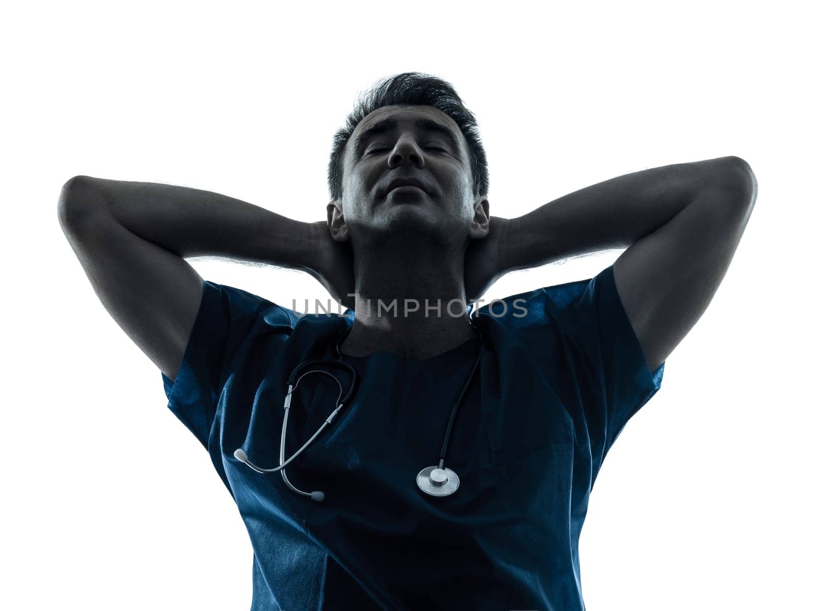 one caucasian man doctor surgeon medical worker  happy resting silhouette isolated on white background