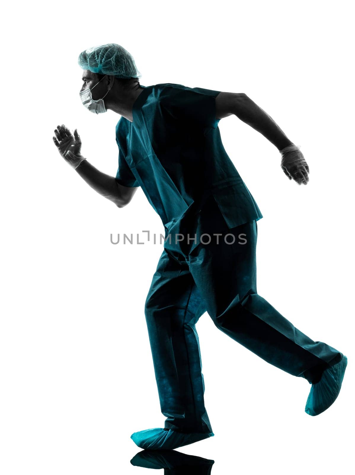 one caucasian man doctor surgeon medical worker running urgency  silhouette isolated on white background