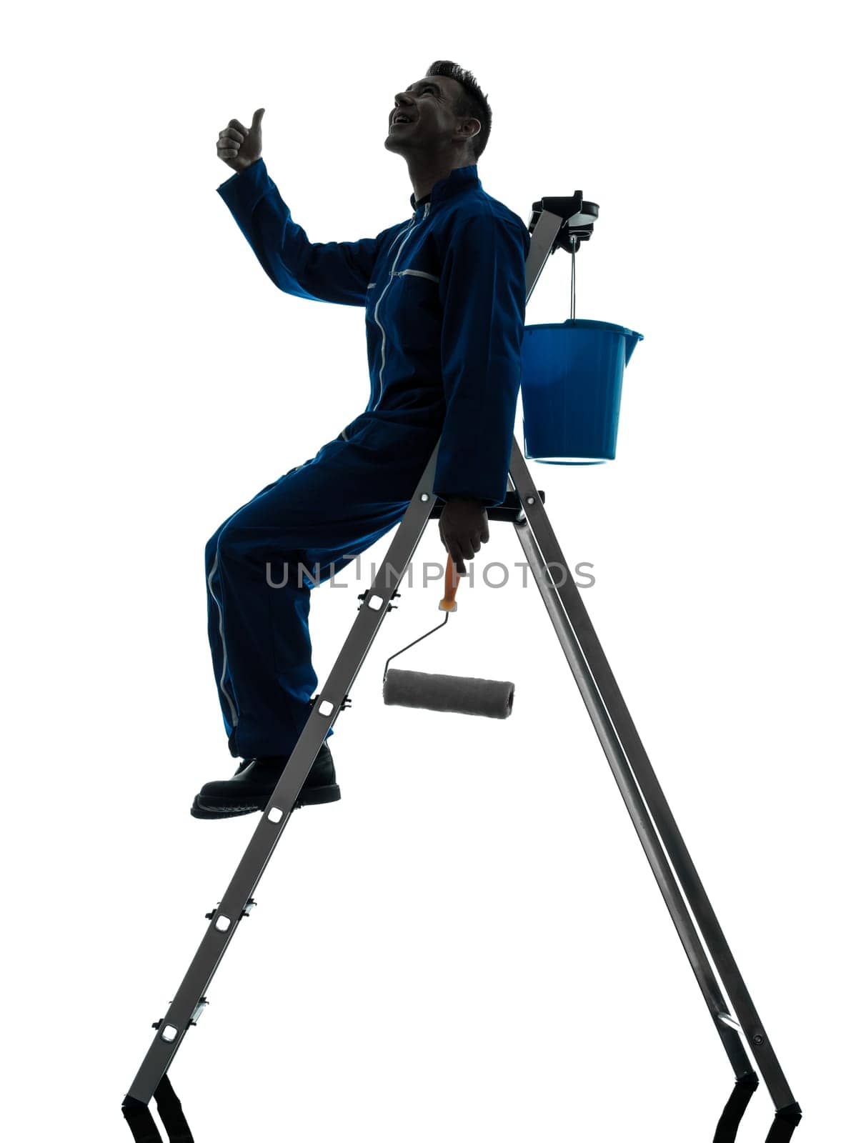 one caucasian man house painter worker silhouette in studio on white background