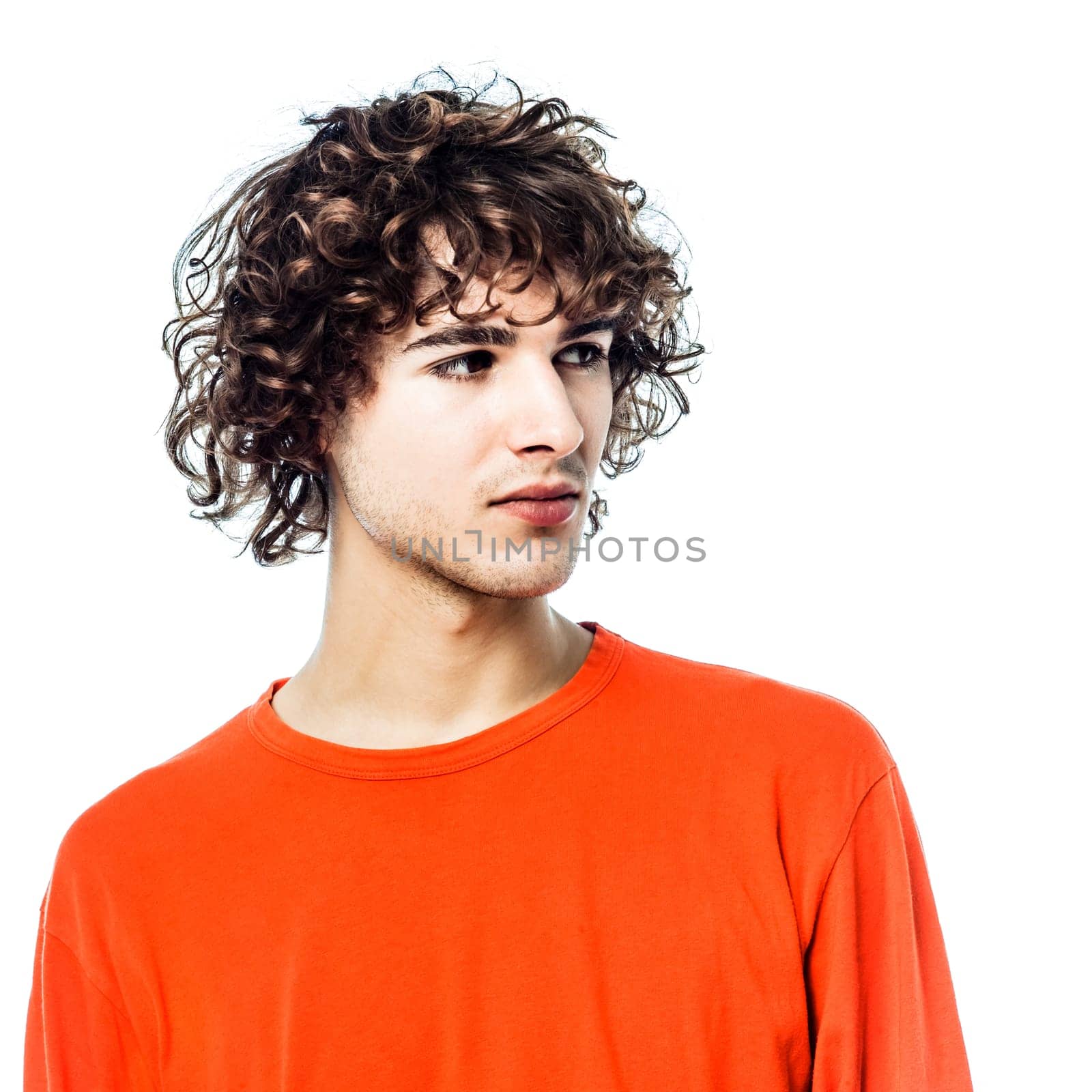one young man caucasian looking away portrait  in studio white background