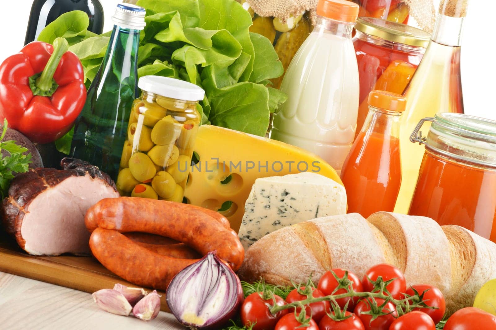 Composition with variety of grocery products including vegetable, fruits, meat, dairy and wine