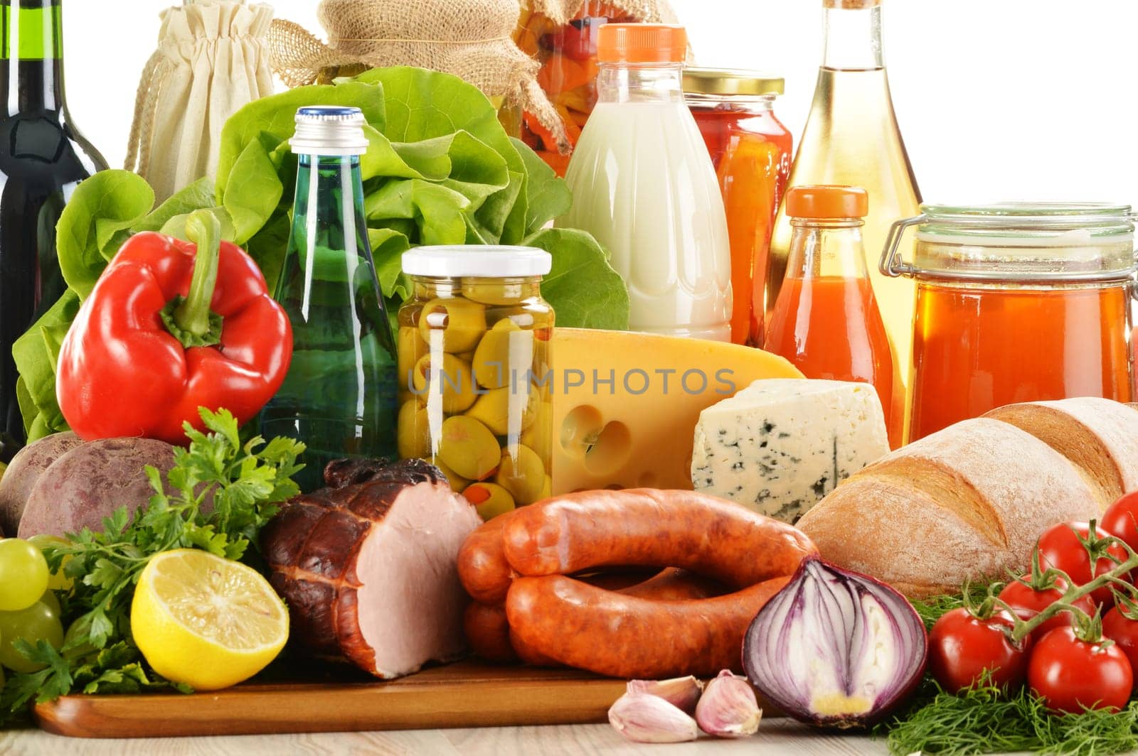 Composition with variety of grocery products including vegetable, fruits, meat, dairy and wine