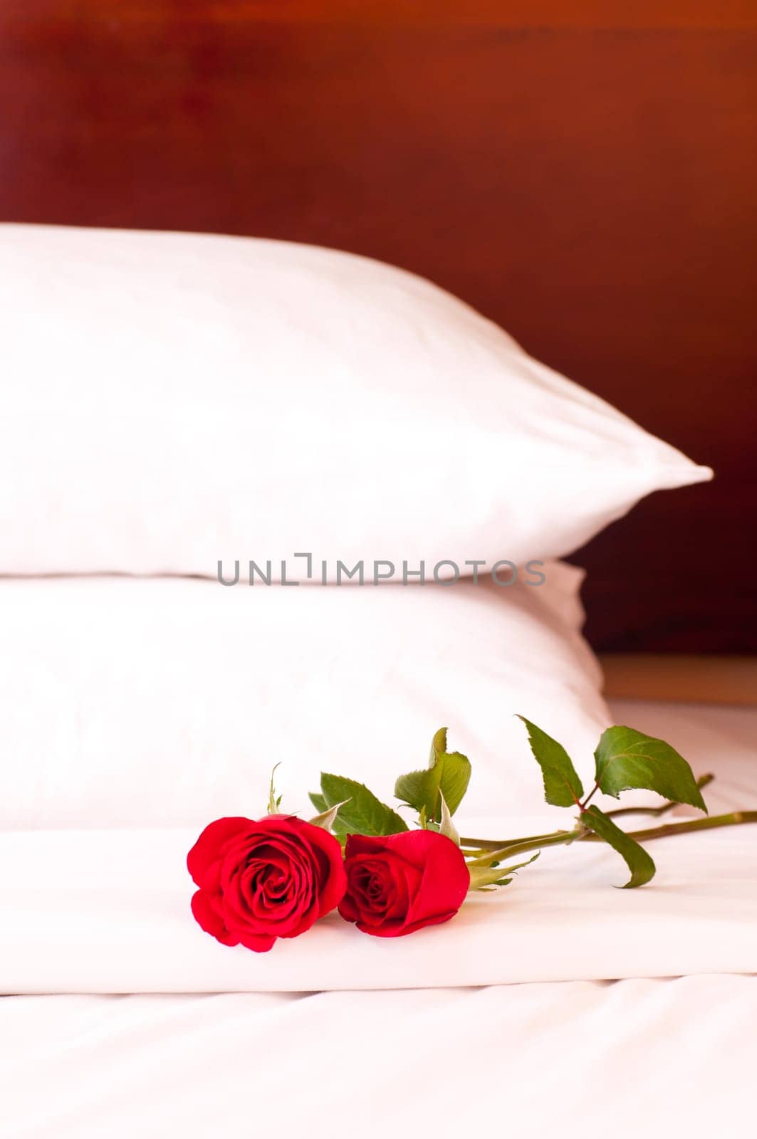 Romantic setting on a bed with red roses.