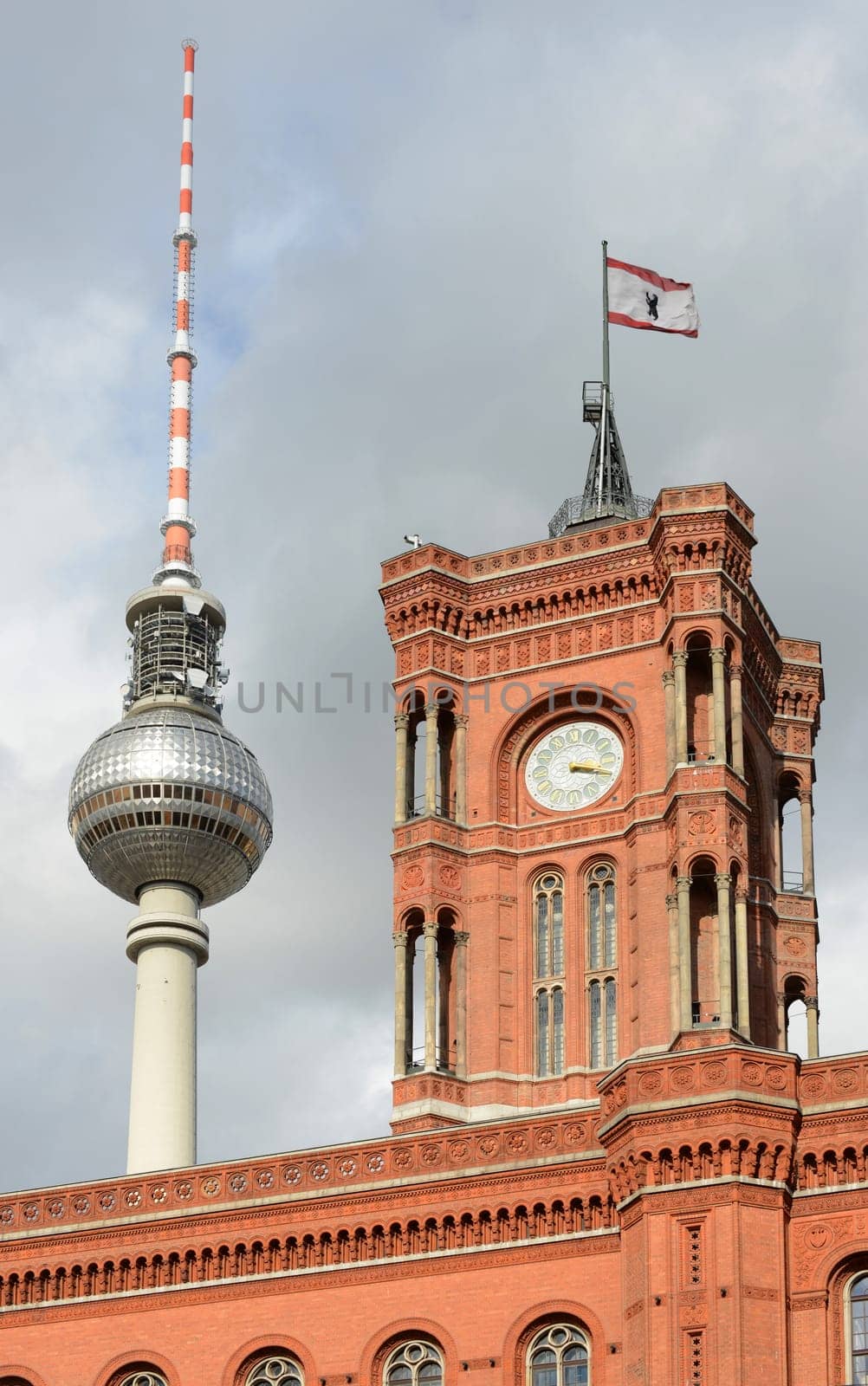 Rotes Rathaus (red townhall) and TV tower in Berlin, Germany