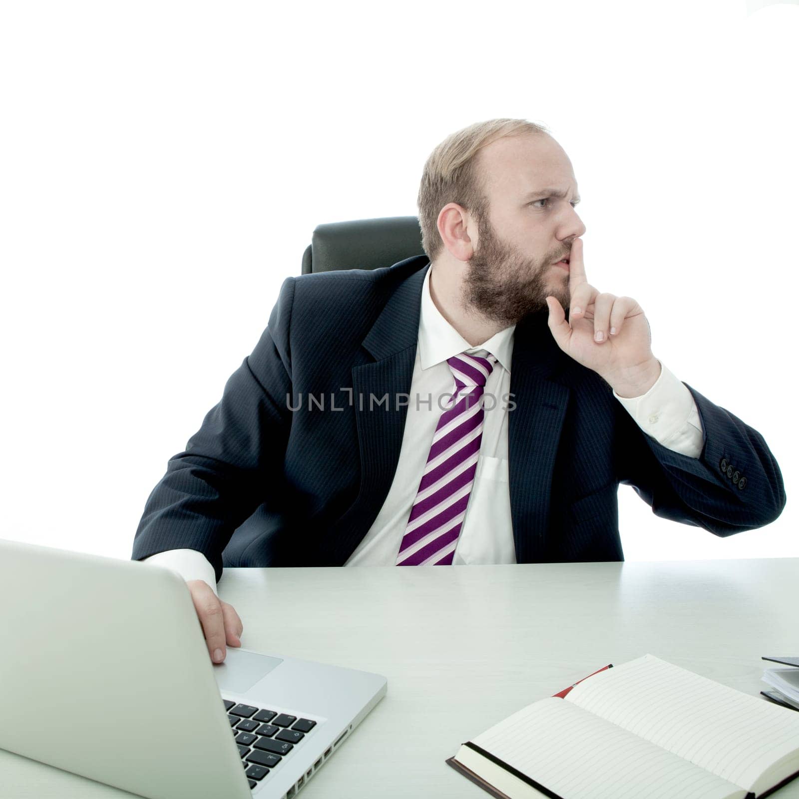 beared business man sign quiet other people