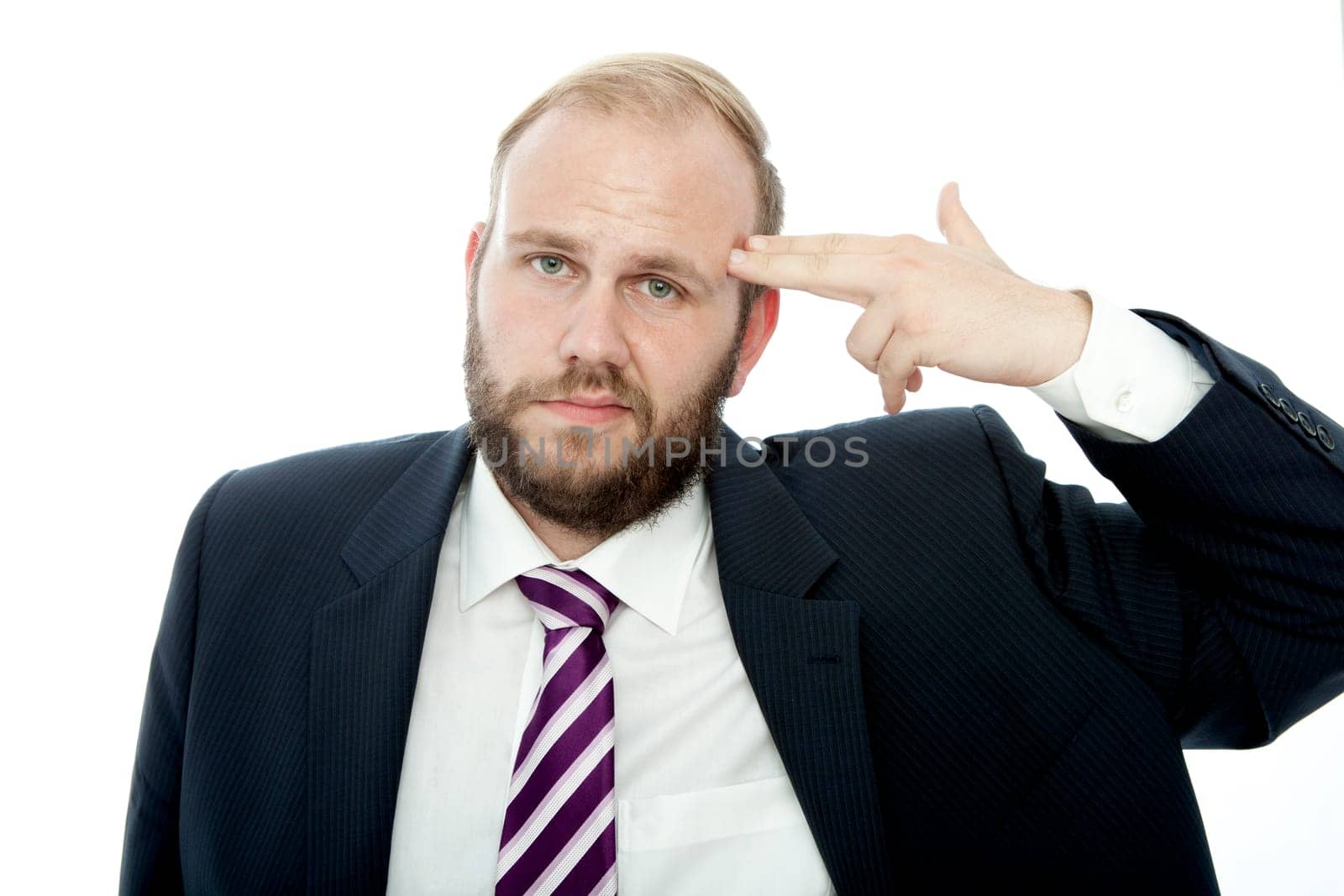 beard business man with finger gun on head