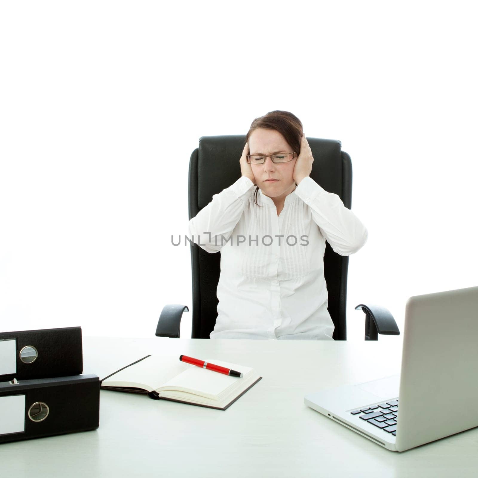young brunette businesswoman with glasses cover ears