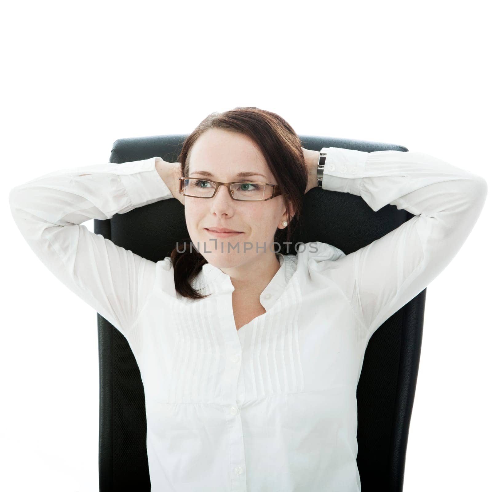 young brunette businesswoman with glasses is confident and smiling