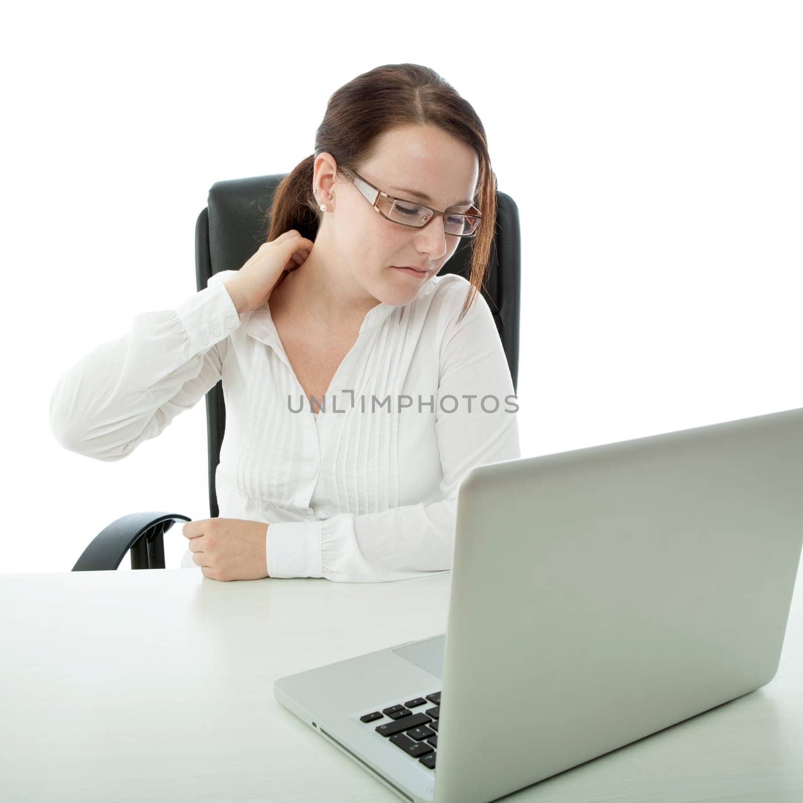 young brunette businesswoman with glasses has pain in neck