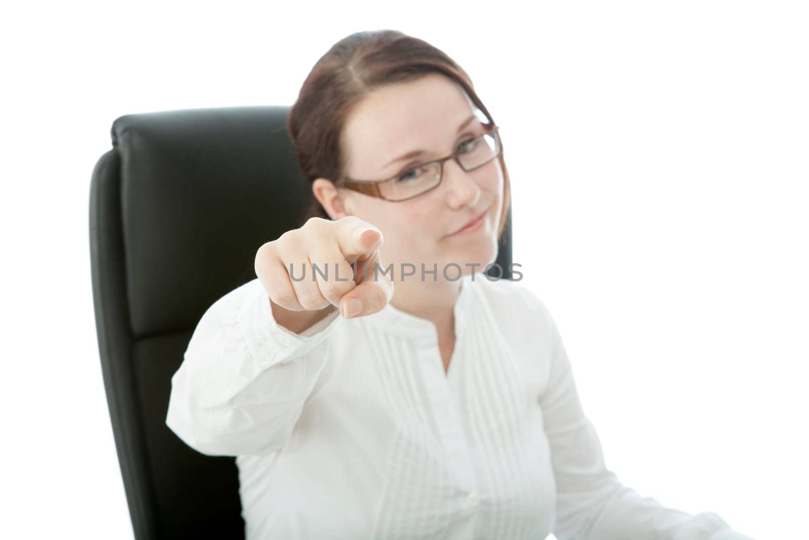 young brunette businesswoman with glasses wants you