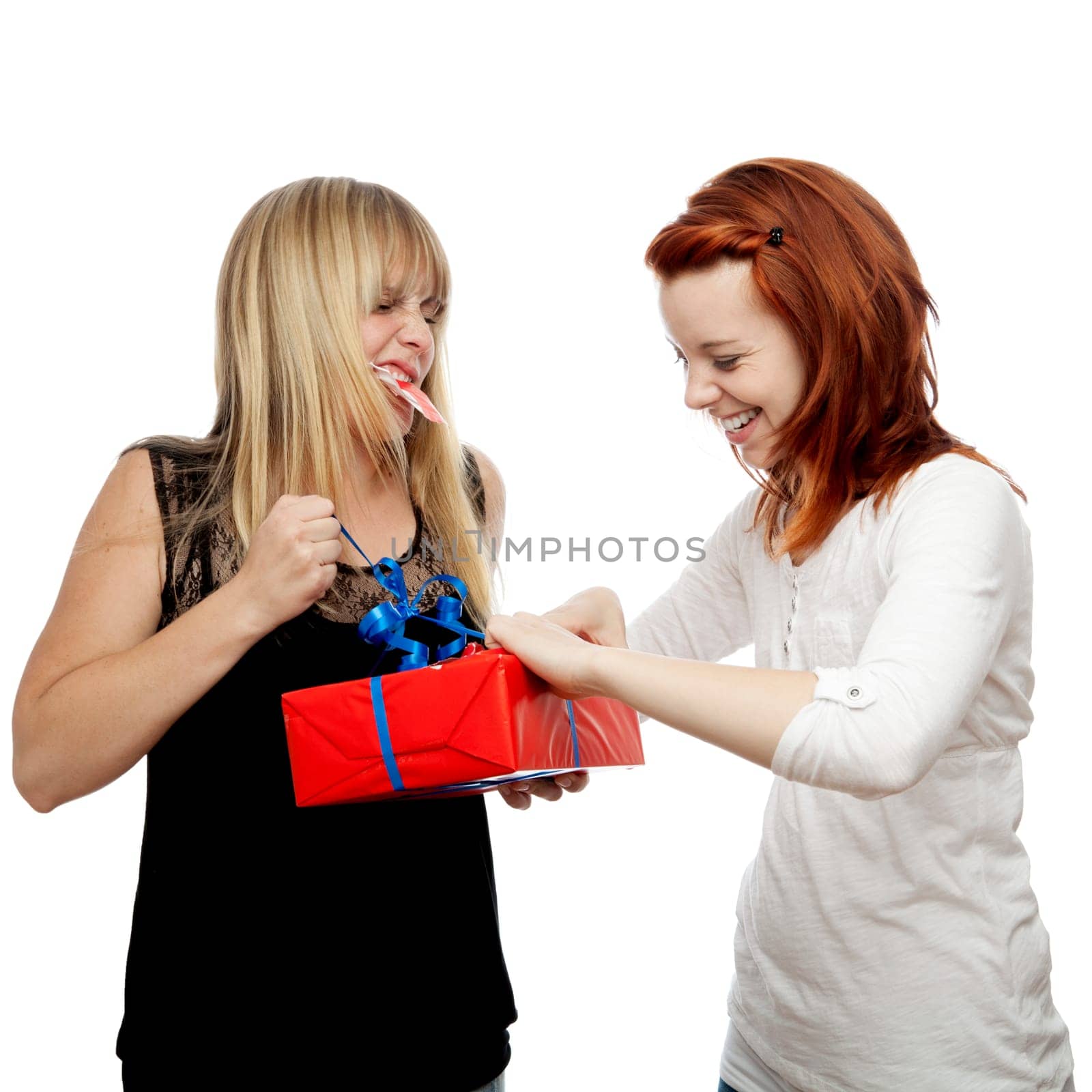 young beautiful red and blond haired girls in front of white background