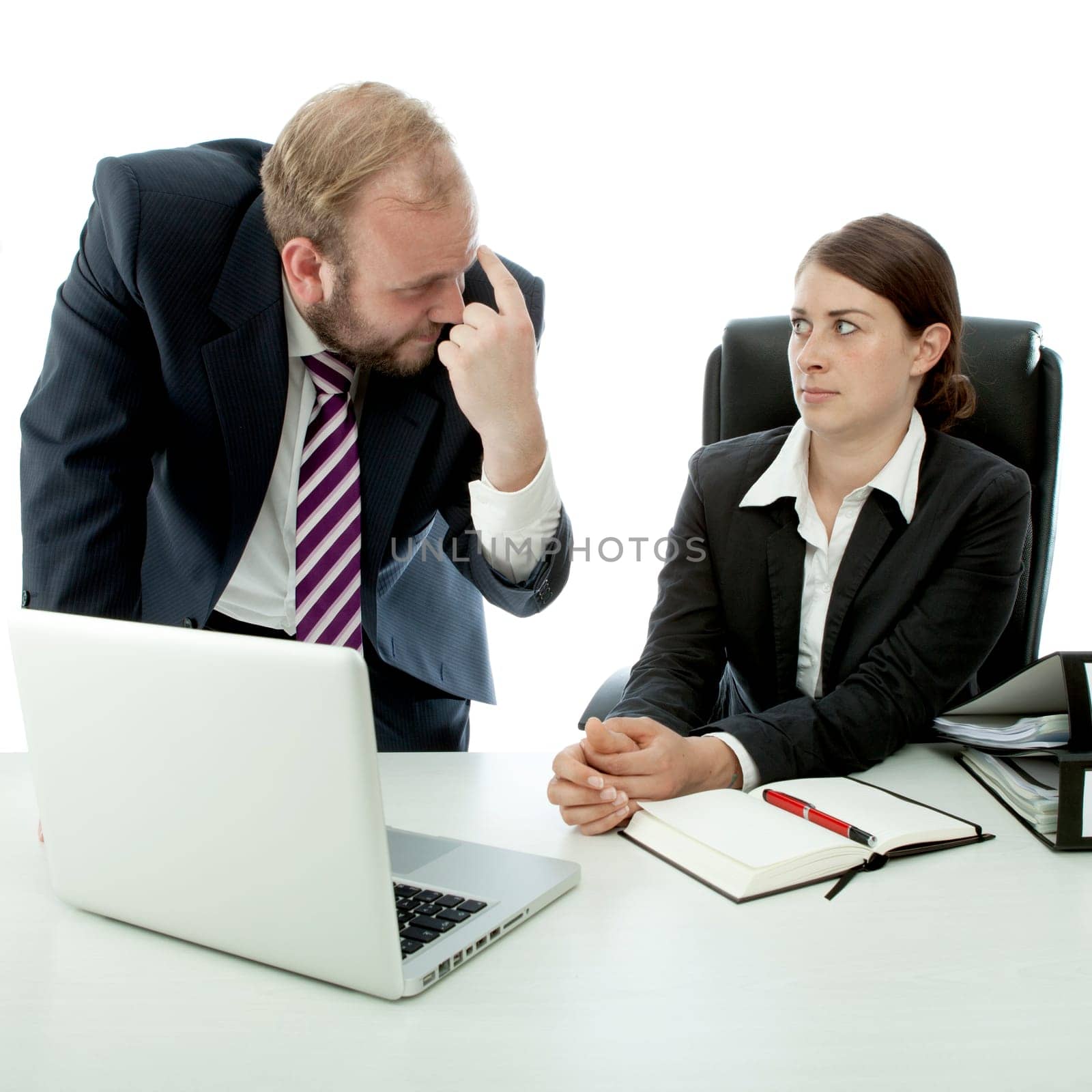 beard business man brunette woman at desk think employee stupid