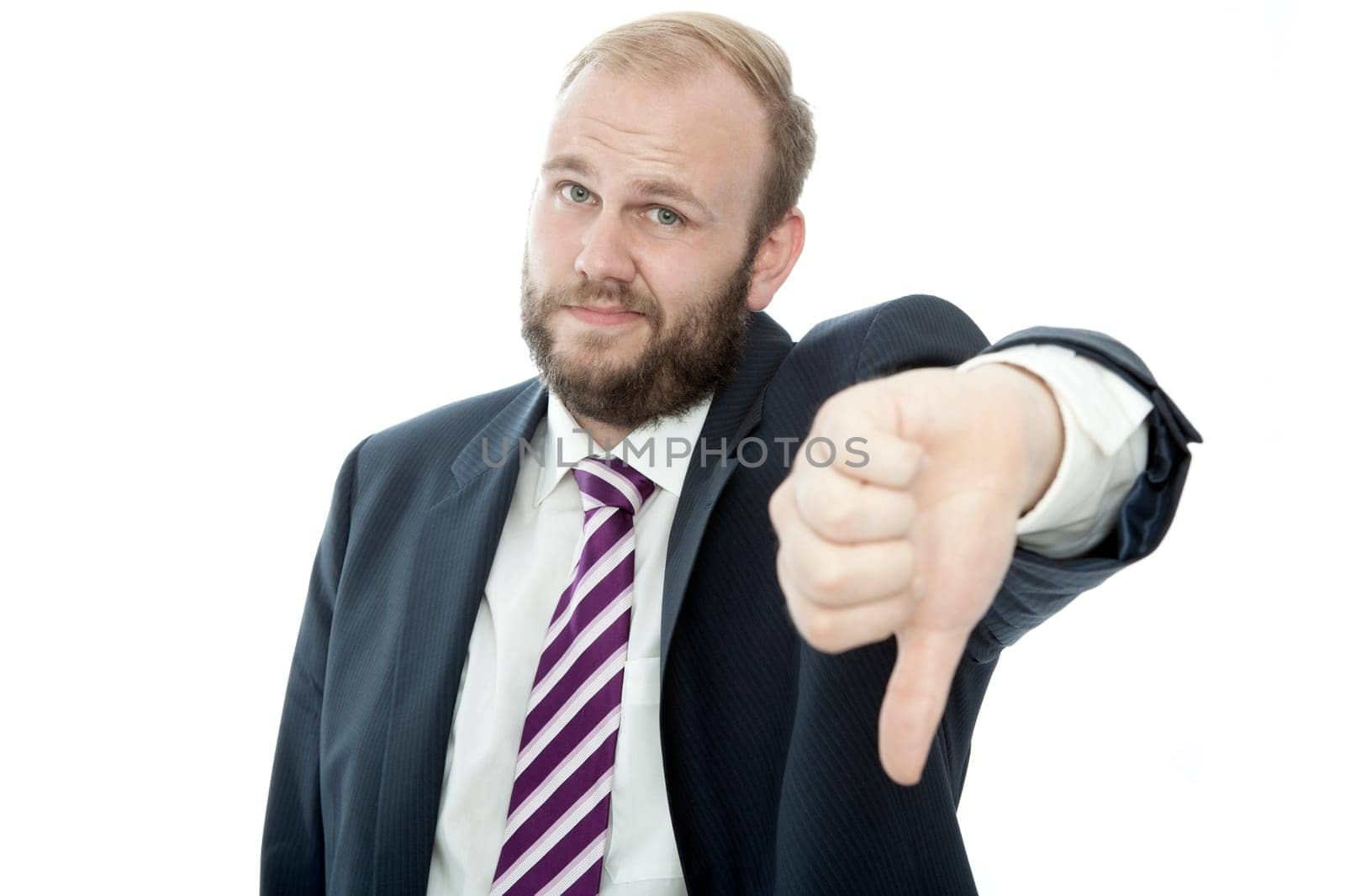 beared business man thumbs down