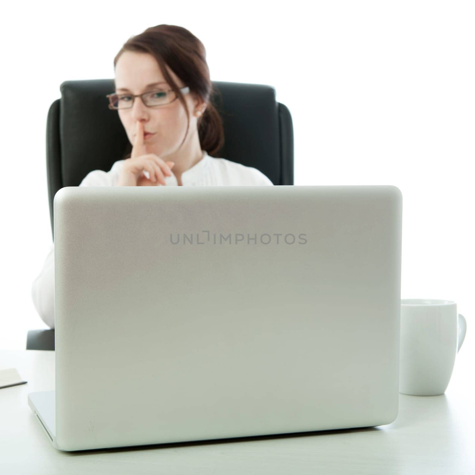 young brunette businesswoman with glasses sign quiet