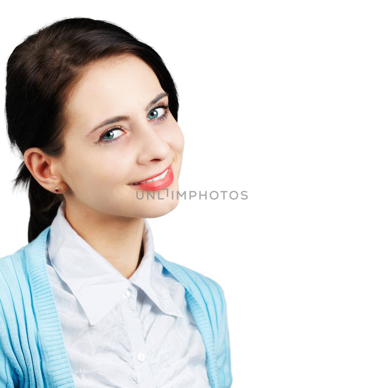 Portrait of a beautiful young woman with blue sweater isolated on white.