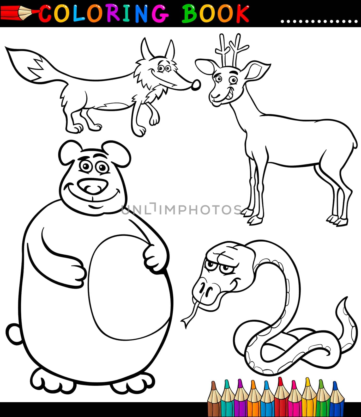 Black and White Coloring Book or Page Cartoon Illustration Set of Funny Wild Animals for Children
