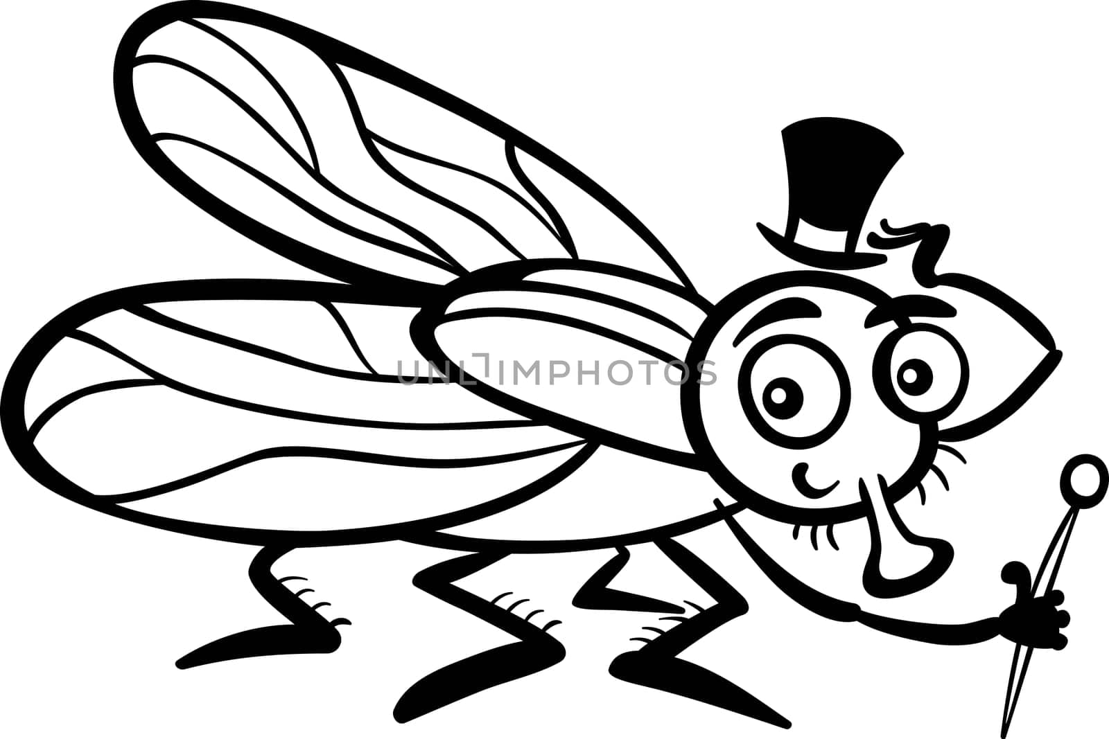 Black and White Cartoon Illustration of Funny Fly or Housefly with Hat and Cane for Coloring Book