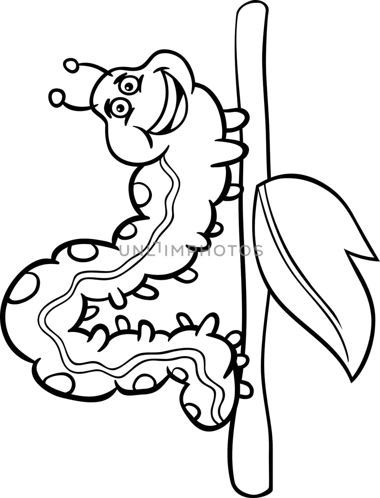 Black and White Cartoon Illustration of Funny Caterpillar Insect on stick with leaf for Coloring Book